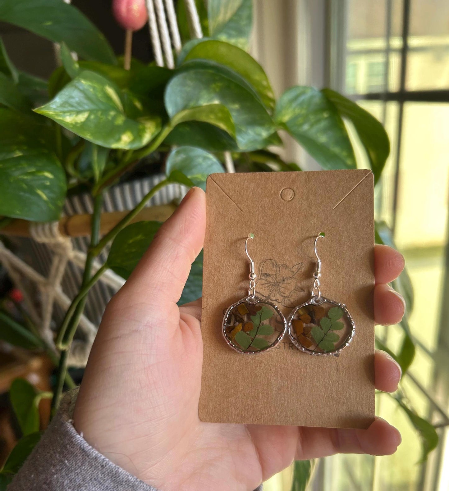 Pressed Flower Resin Earrings - Tigers Eye / Pressed Green Leaves