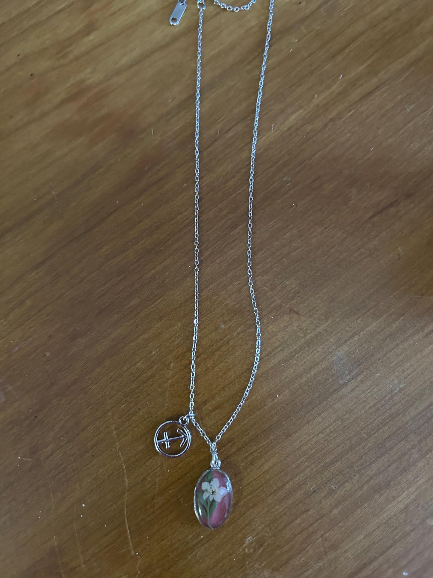 Zodiac Necklace 18” Silver Stainless Steel - Mauve & White Forget-Me-Nots