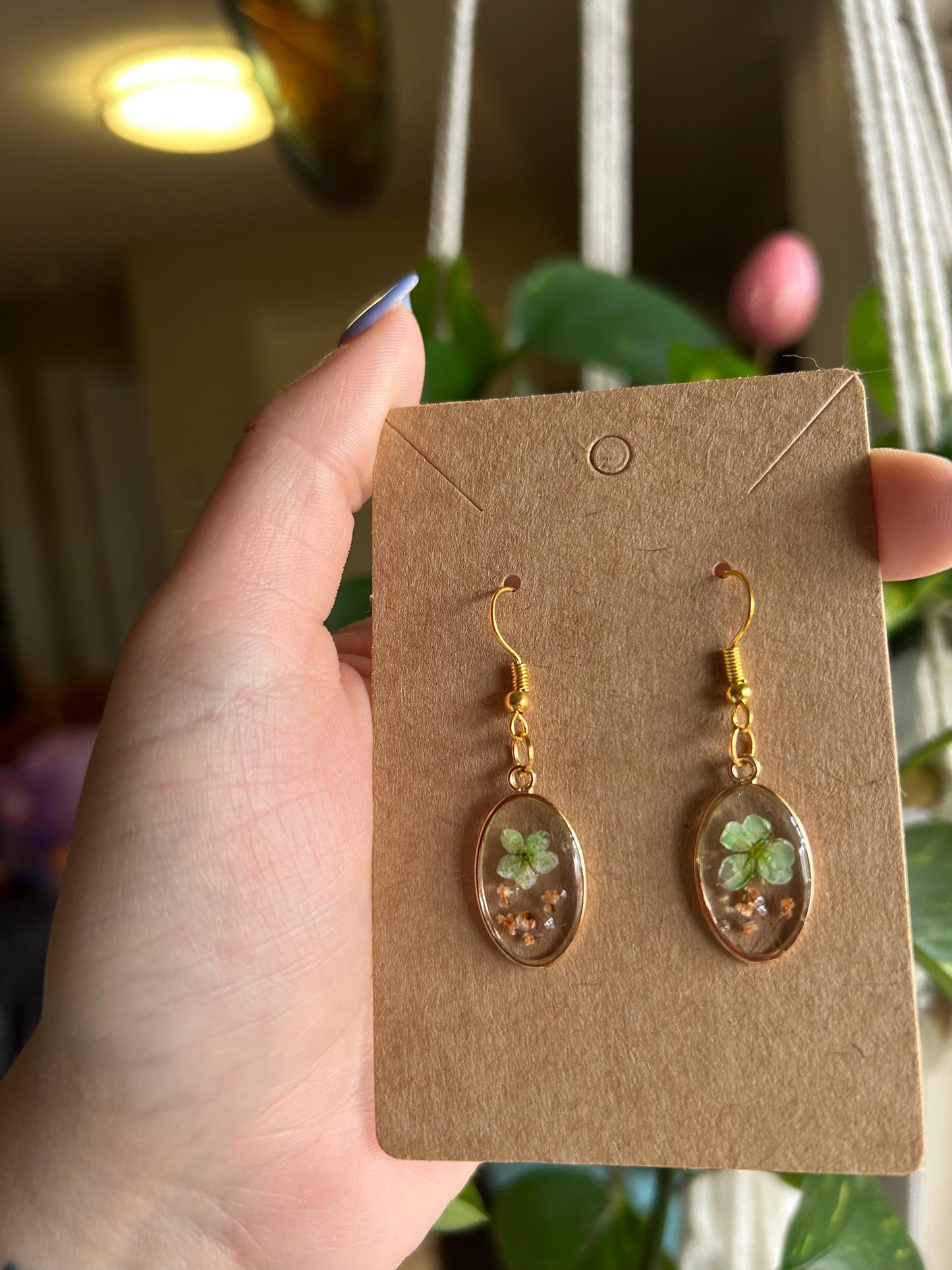 Pressed Flower Gold Earrings - Green & Orange Flowers