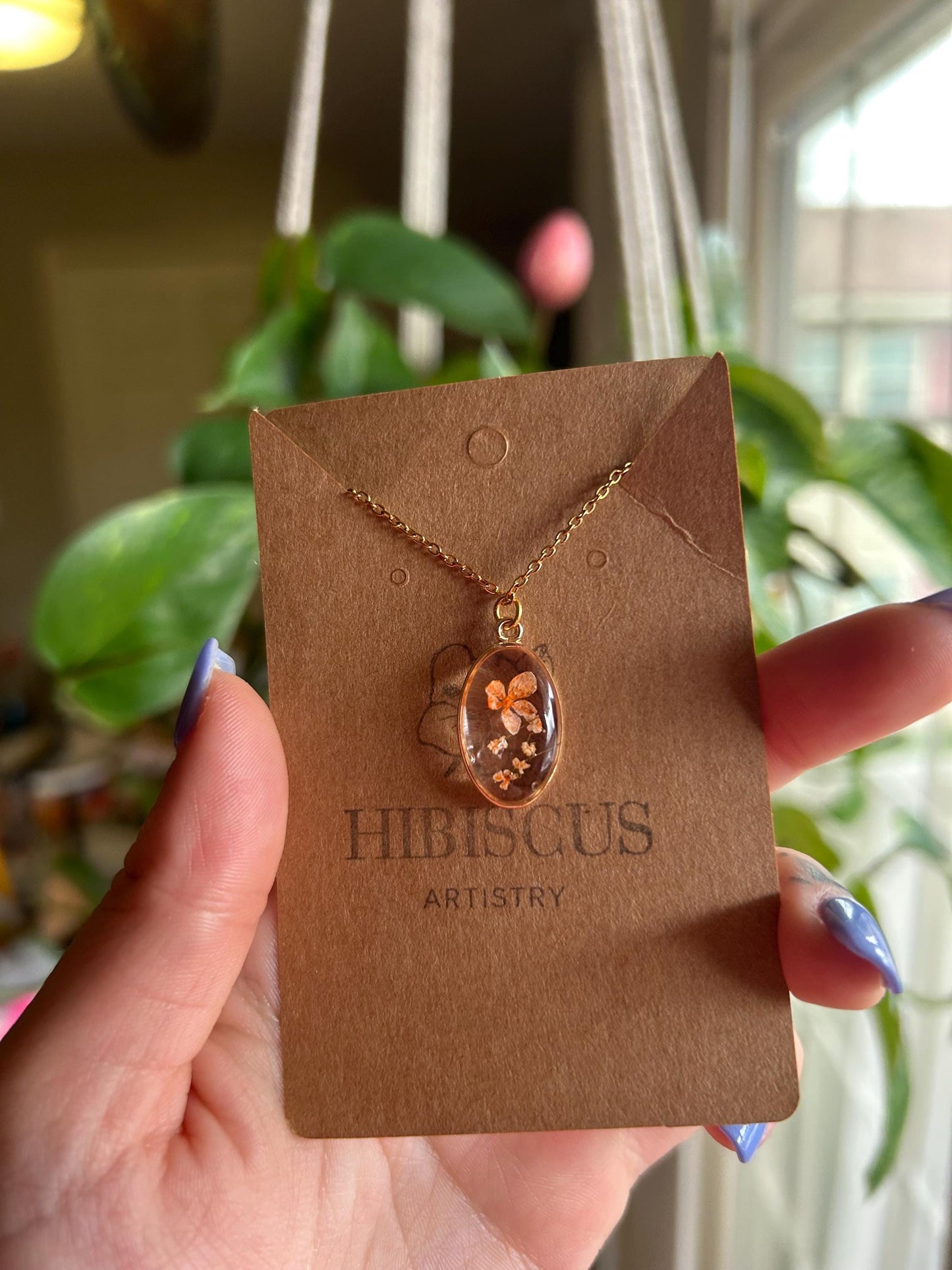 Pressed Flower 18” Gold Necklace - Orange Flowers