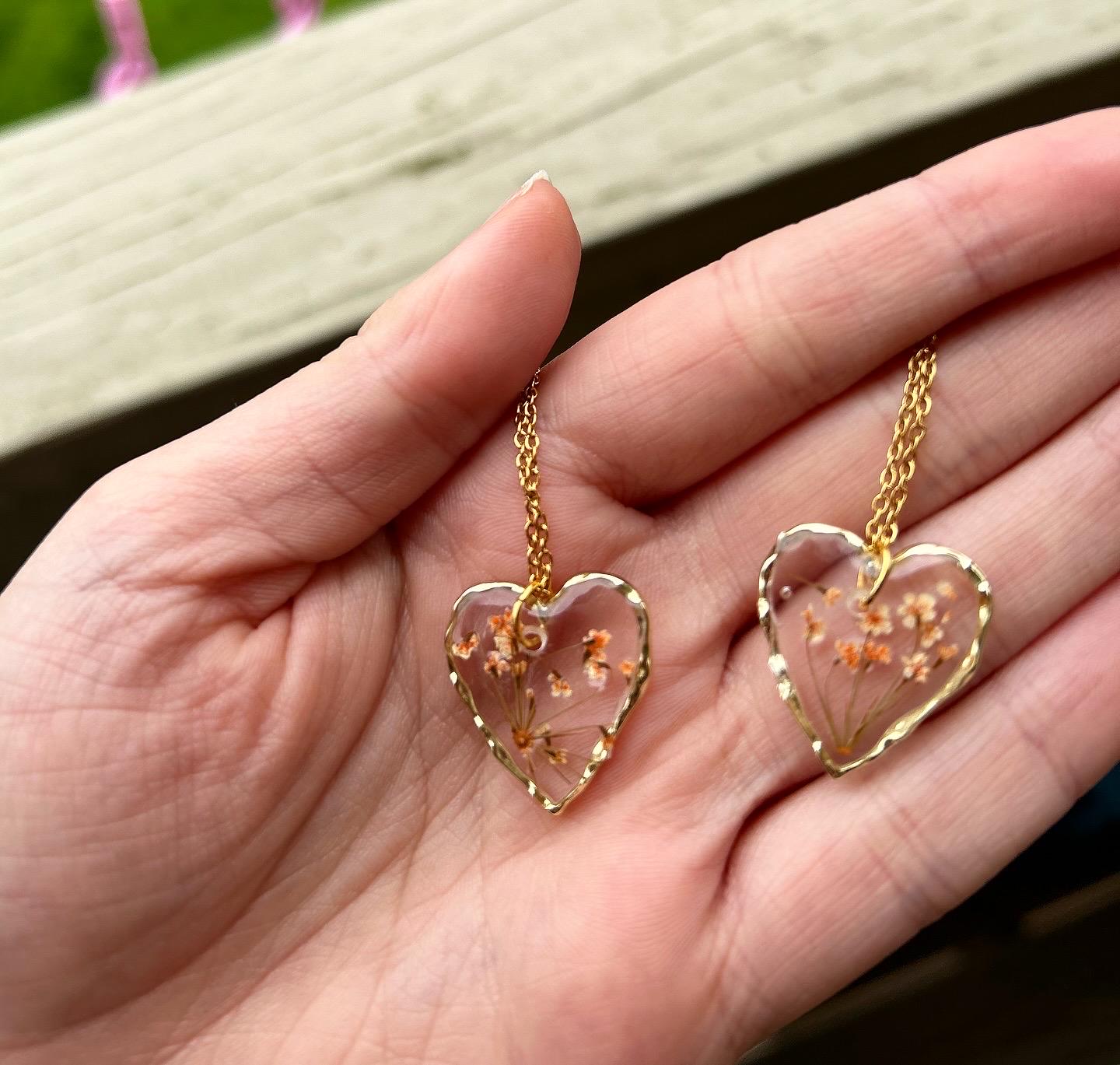 Pressed Flower 18” Gold Necklace - Heart Shaped Orange Flowers