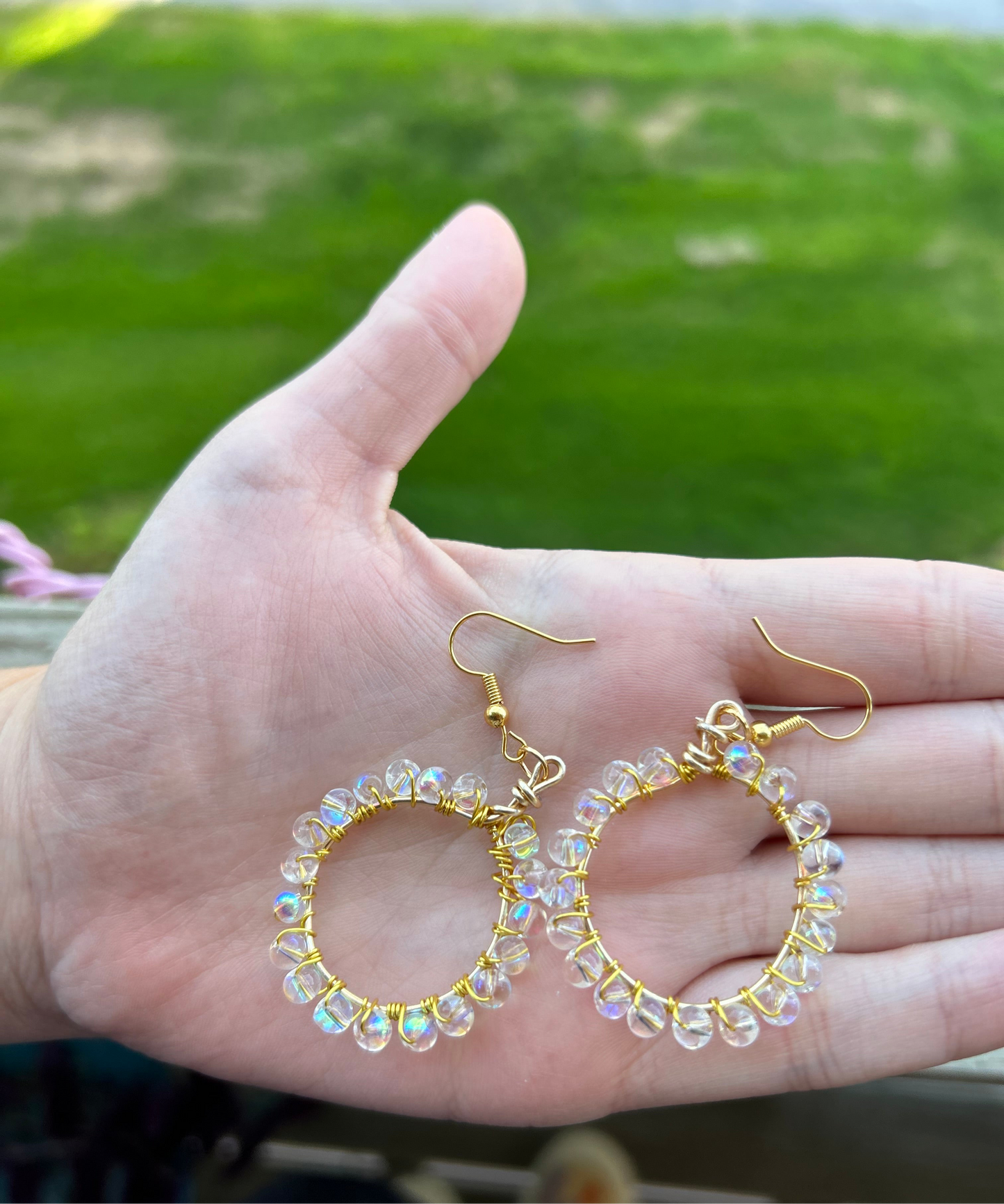 Gold Wire Wrapped Rainbow Iridescent Hoop Earrings