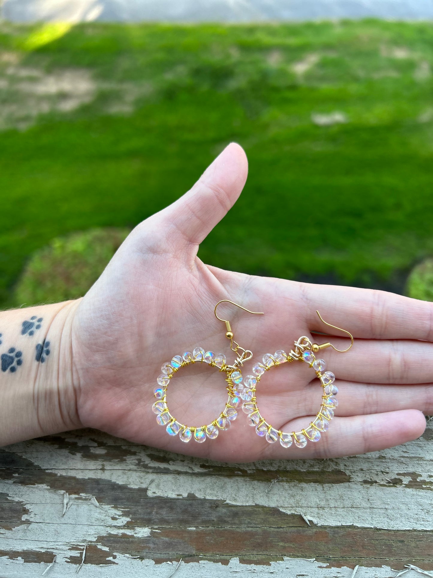Gold Wire Wrapped Rainbow Iridescent Hoop Earrings