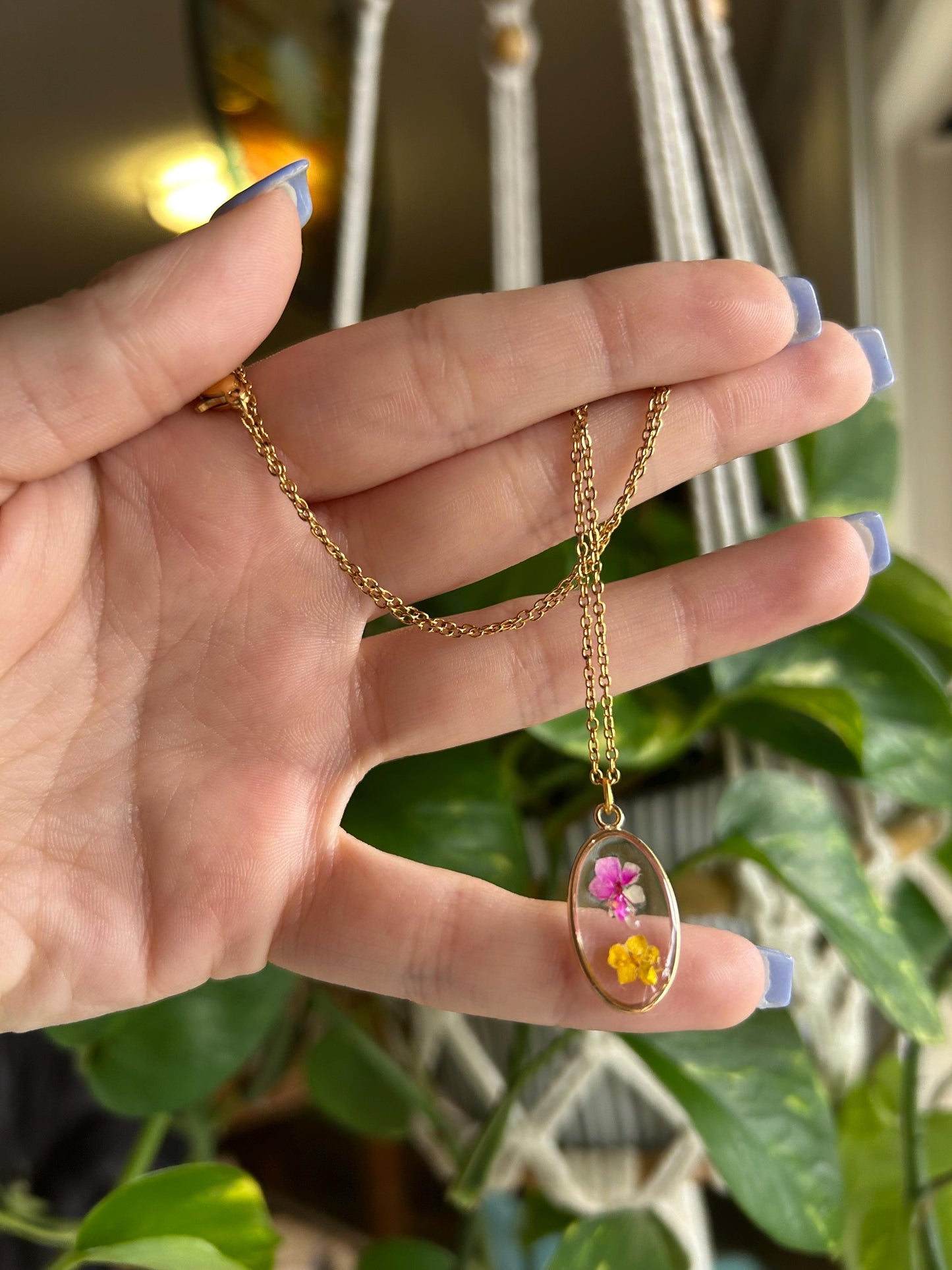 Pressed Flower 18” Gold Necklace - Purple & Yellow Flowers