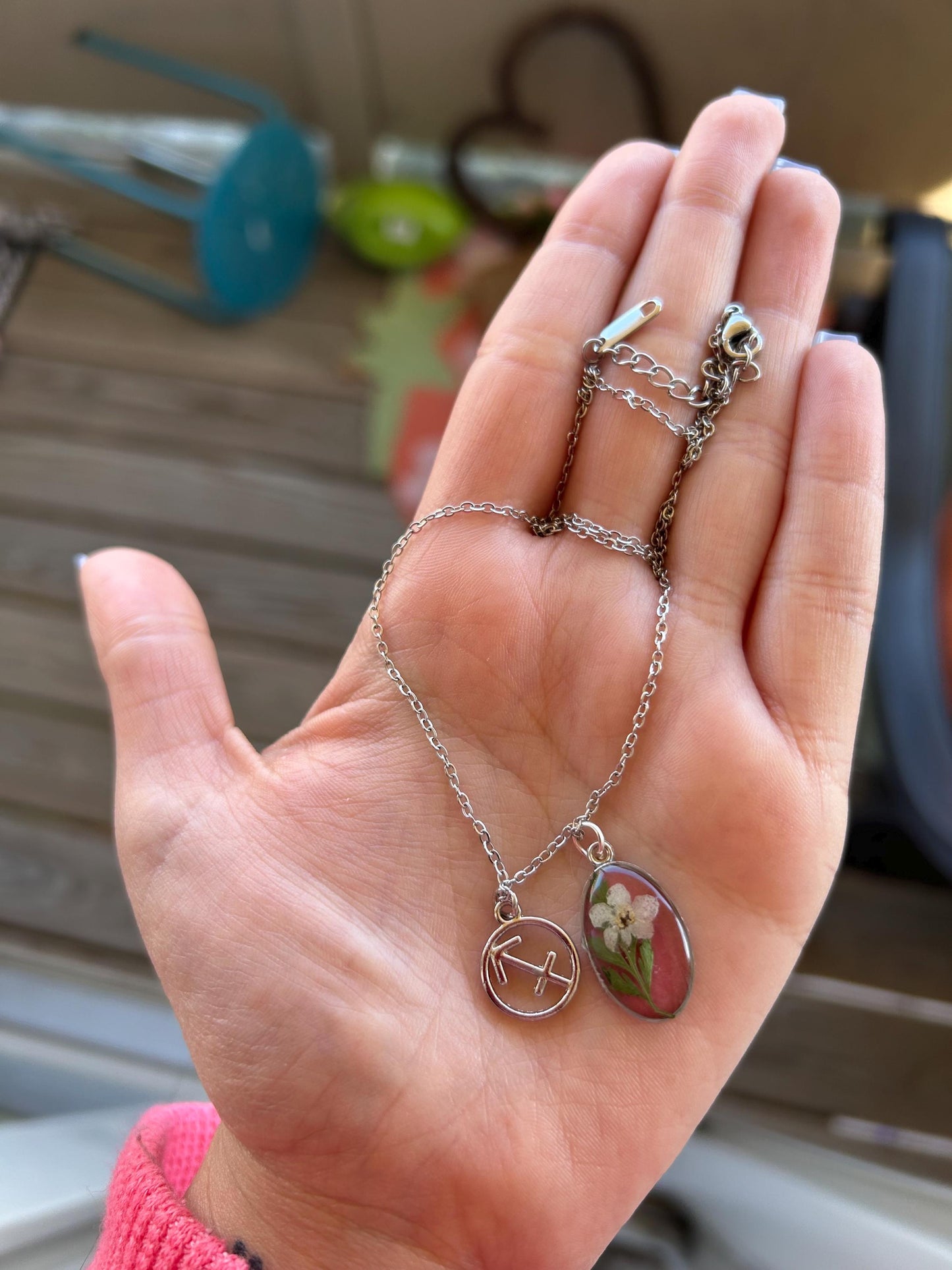 Zodiac Necklace 18” Silver Stainless Steel - Mauve & White Forget-Me-Nots