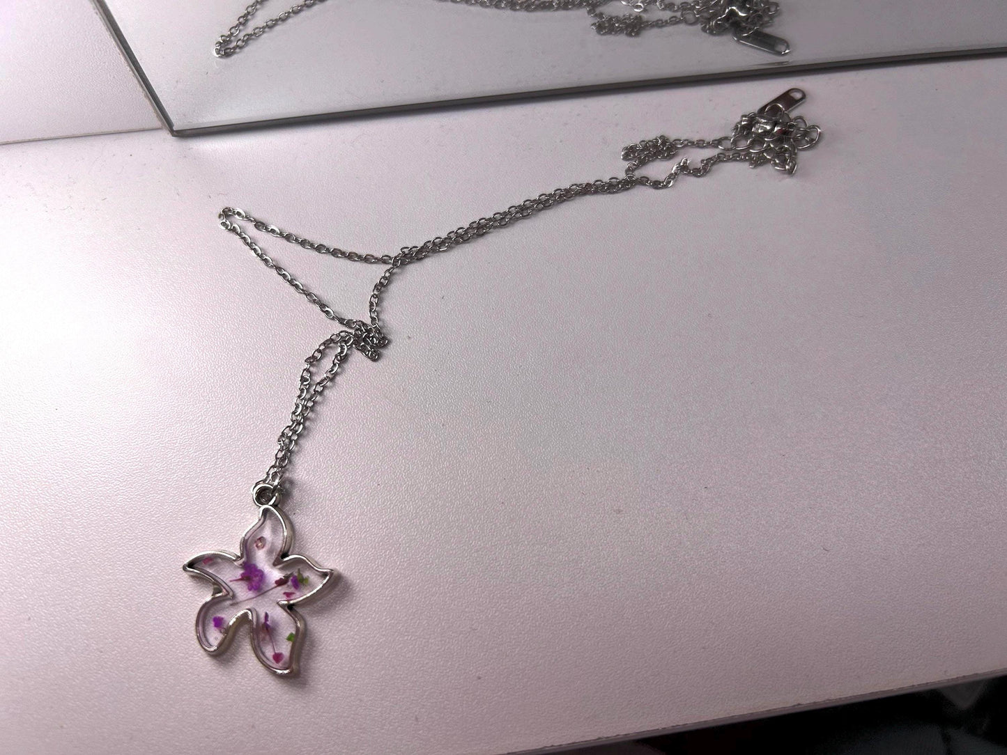 Pressed Flower 18” Silver Necklace - Starfish w/ Multicolor Flowers