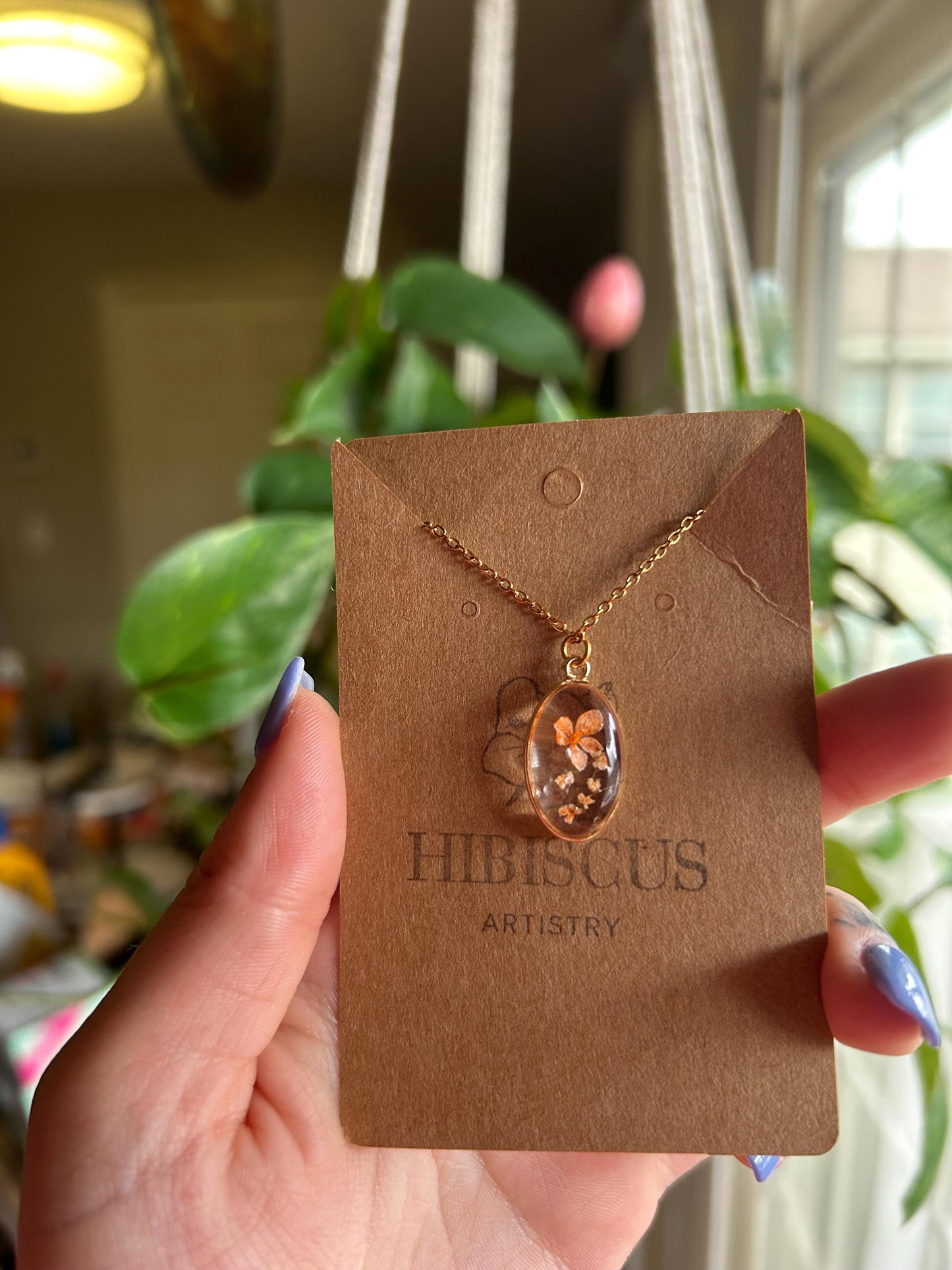 Pressed Flower 18” Gold Necklace - Orange Flowers