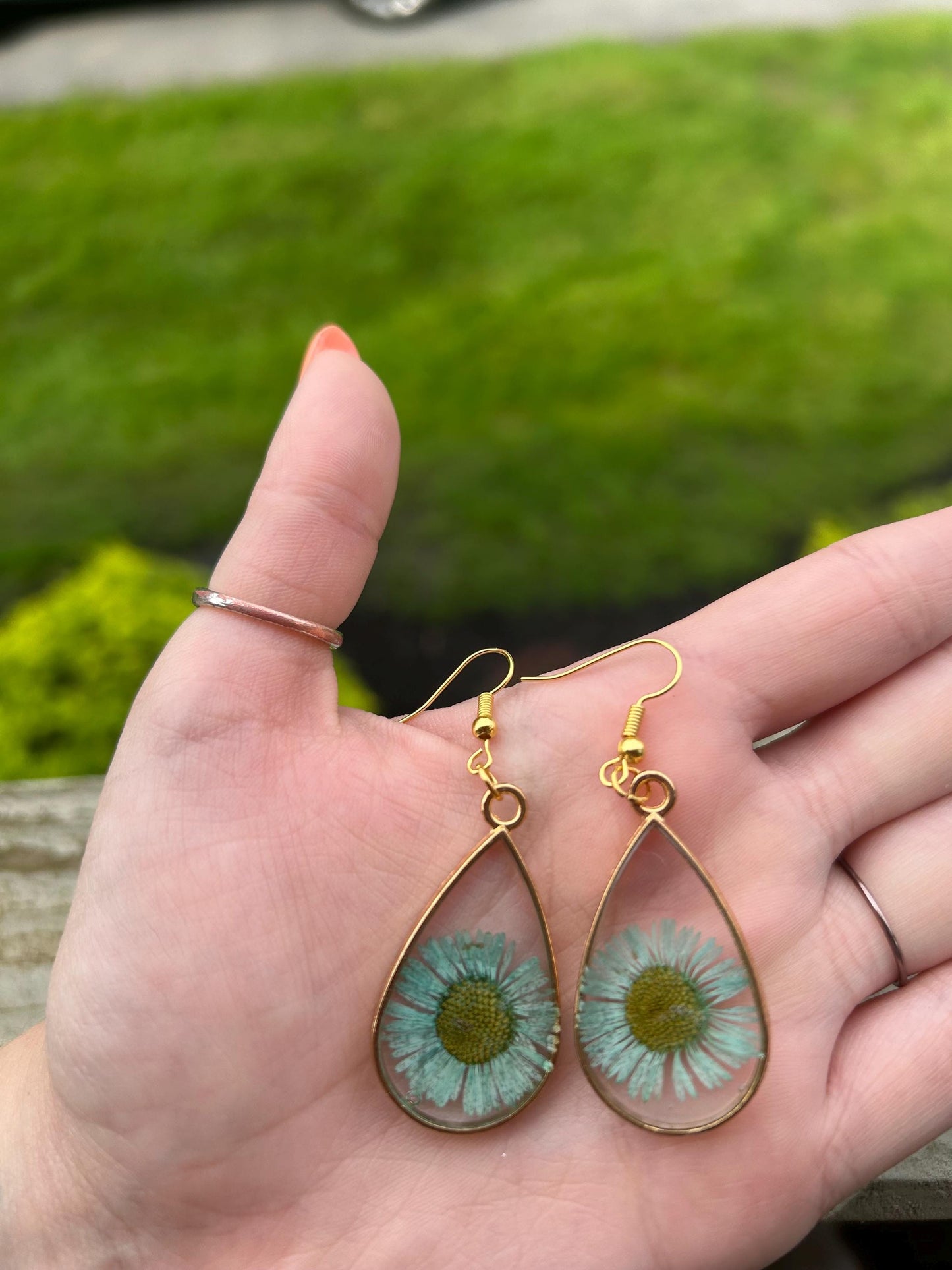 Pressed Flower Gold Earrings - Light Blue Flowers