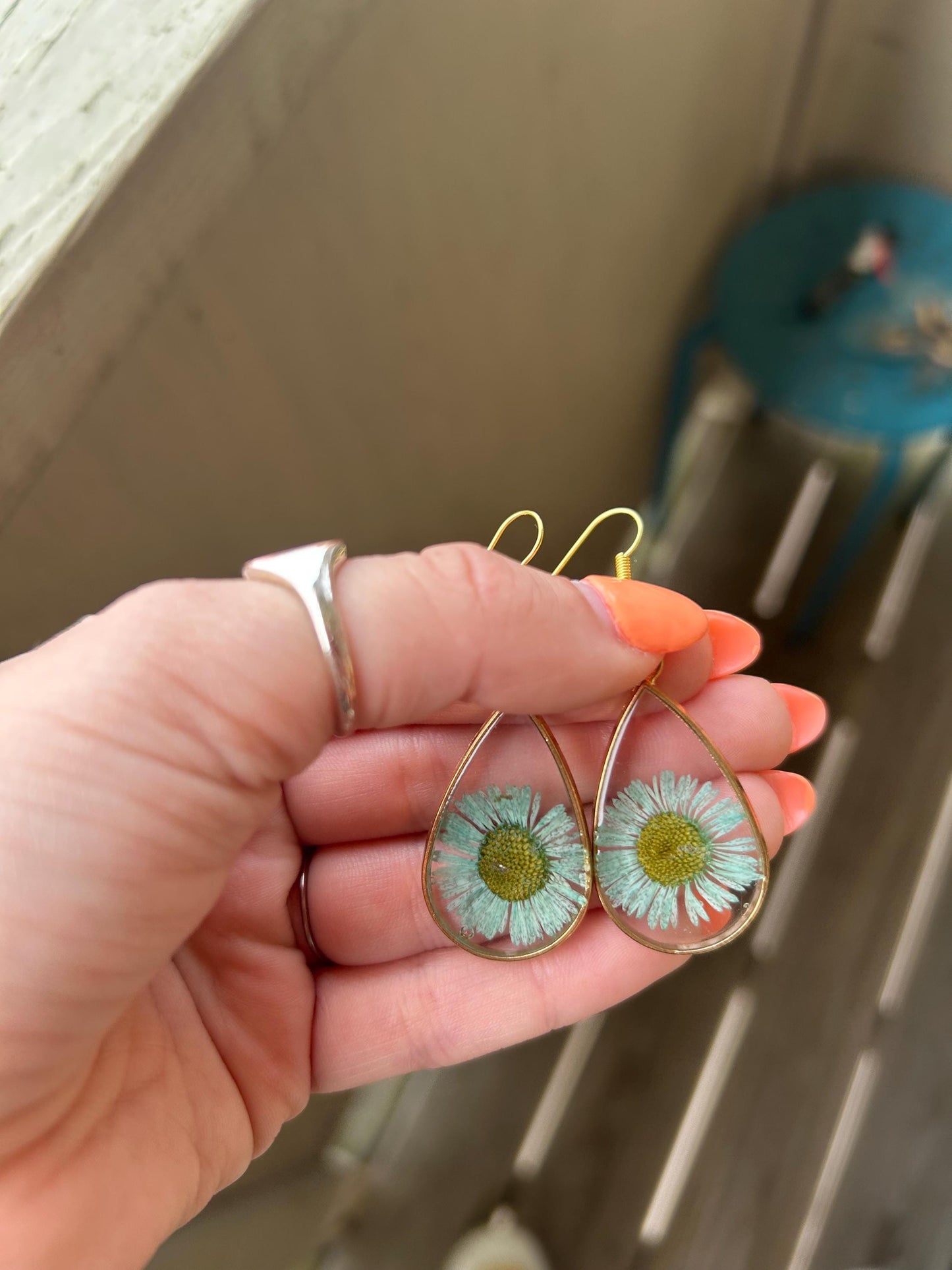Pressed Flower Gold Earrings - Light Blue Flowers