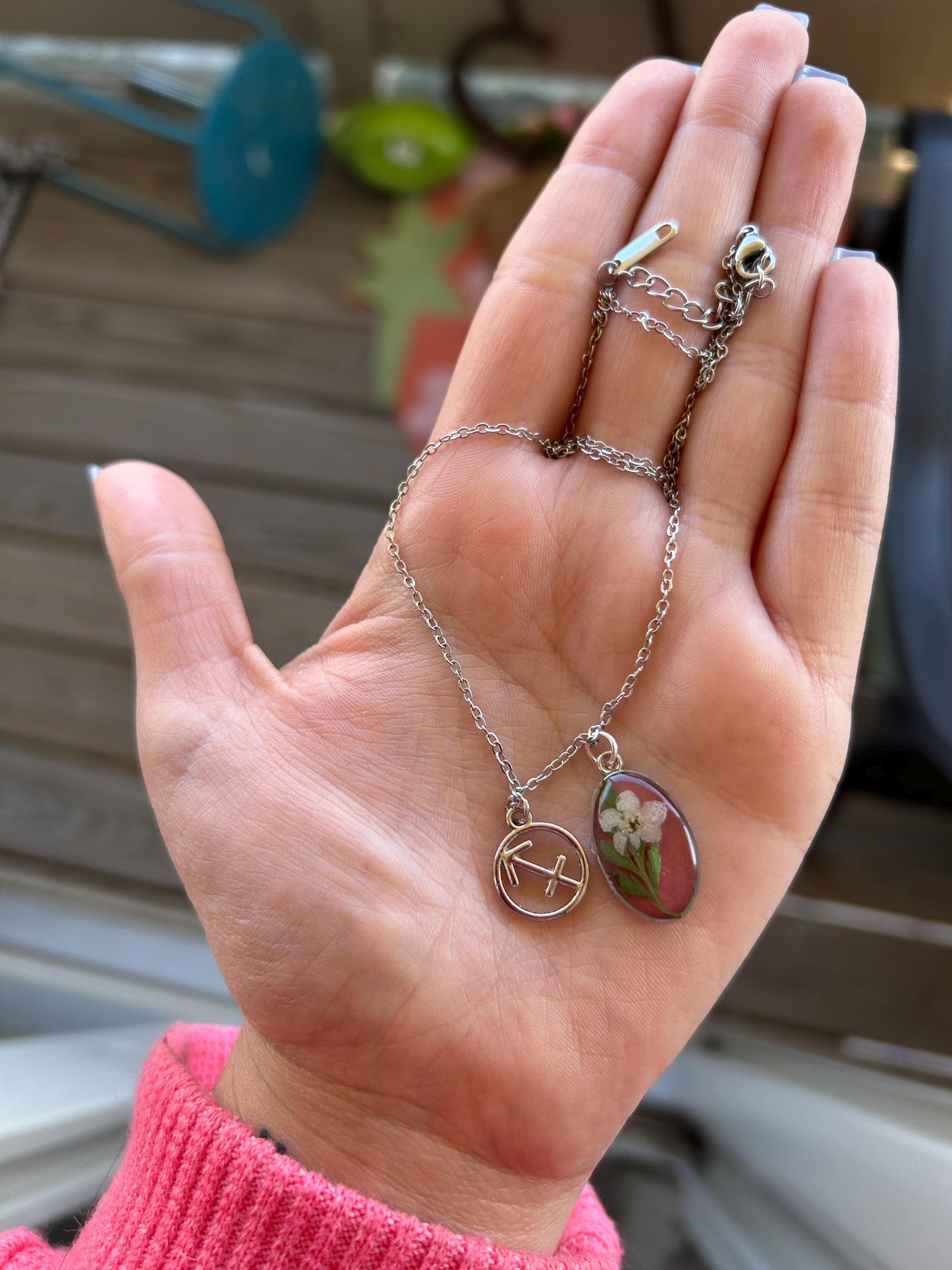 Zodiac Necklace 18” Silver Stainless Steel - Mauve & White Forget-Me-Nots