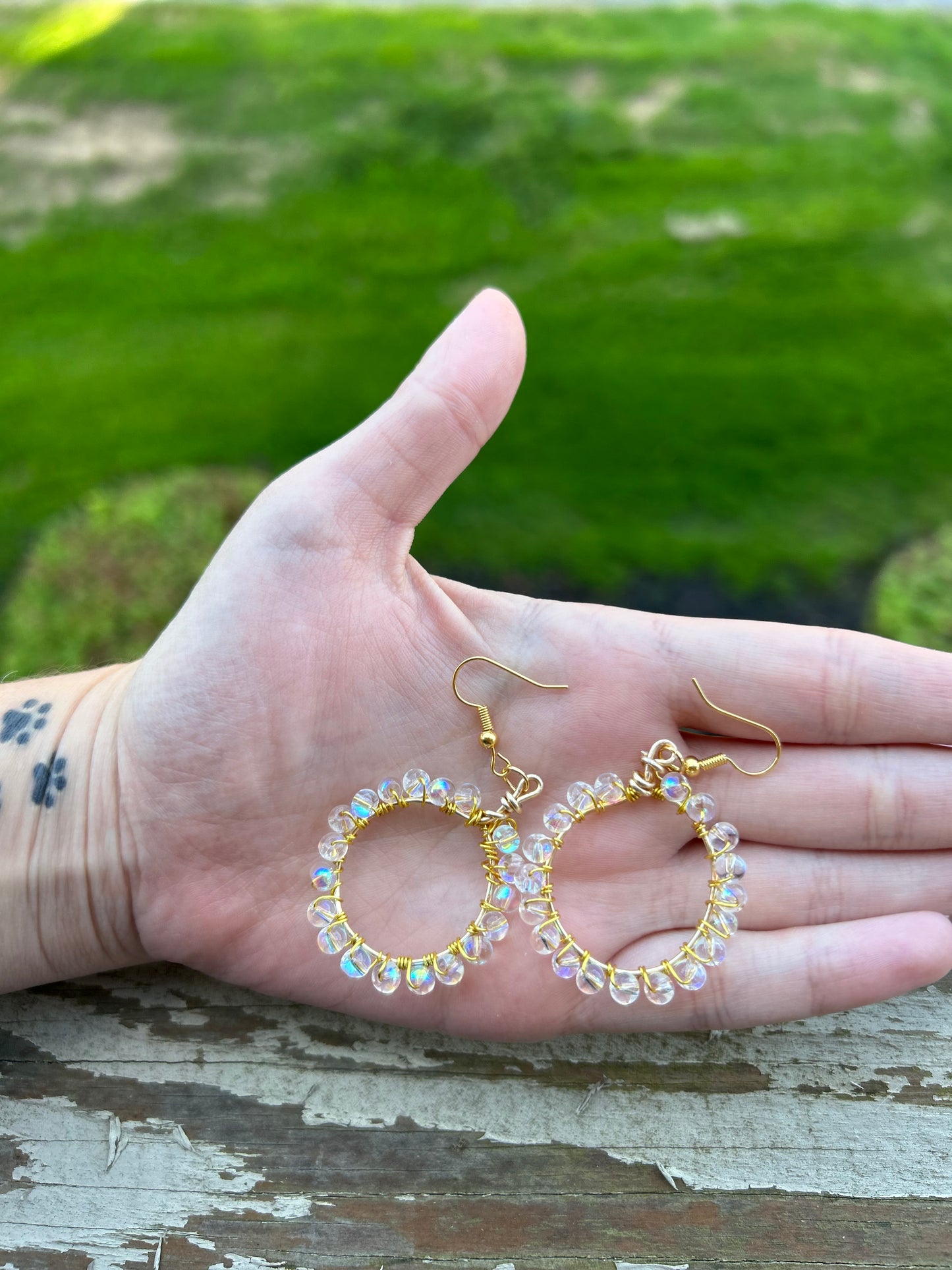 Gold Wire Wrapped Rainbow Iridescent Hoop Earrings
