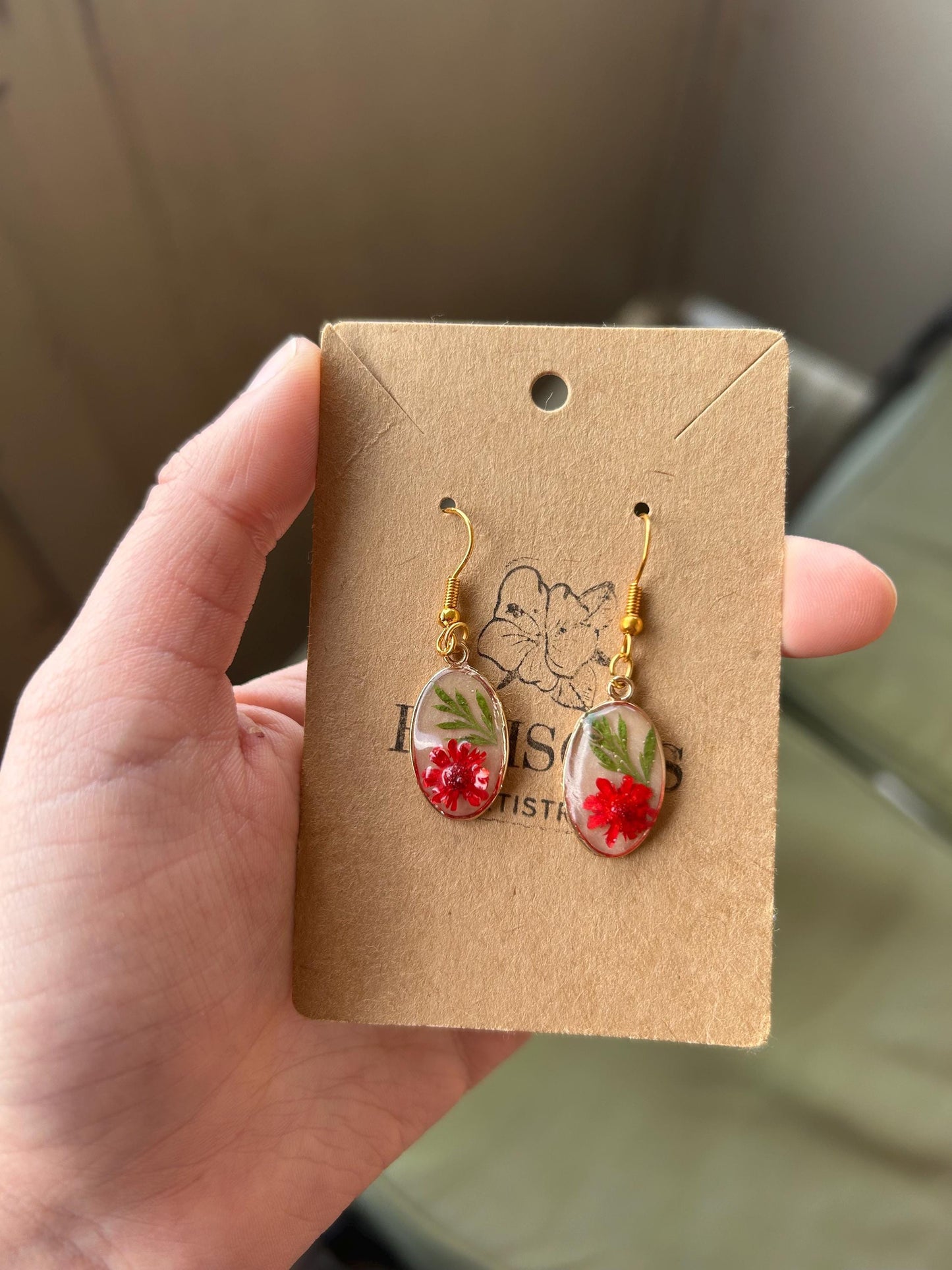 Pressed Red Daisy, Fern Earrings