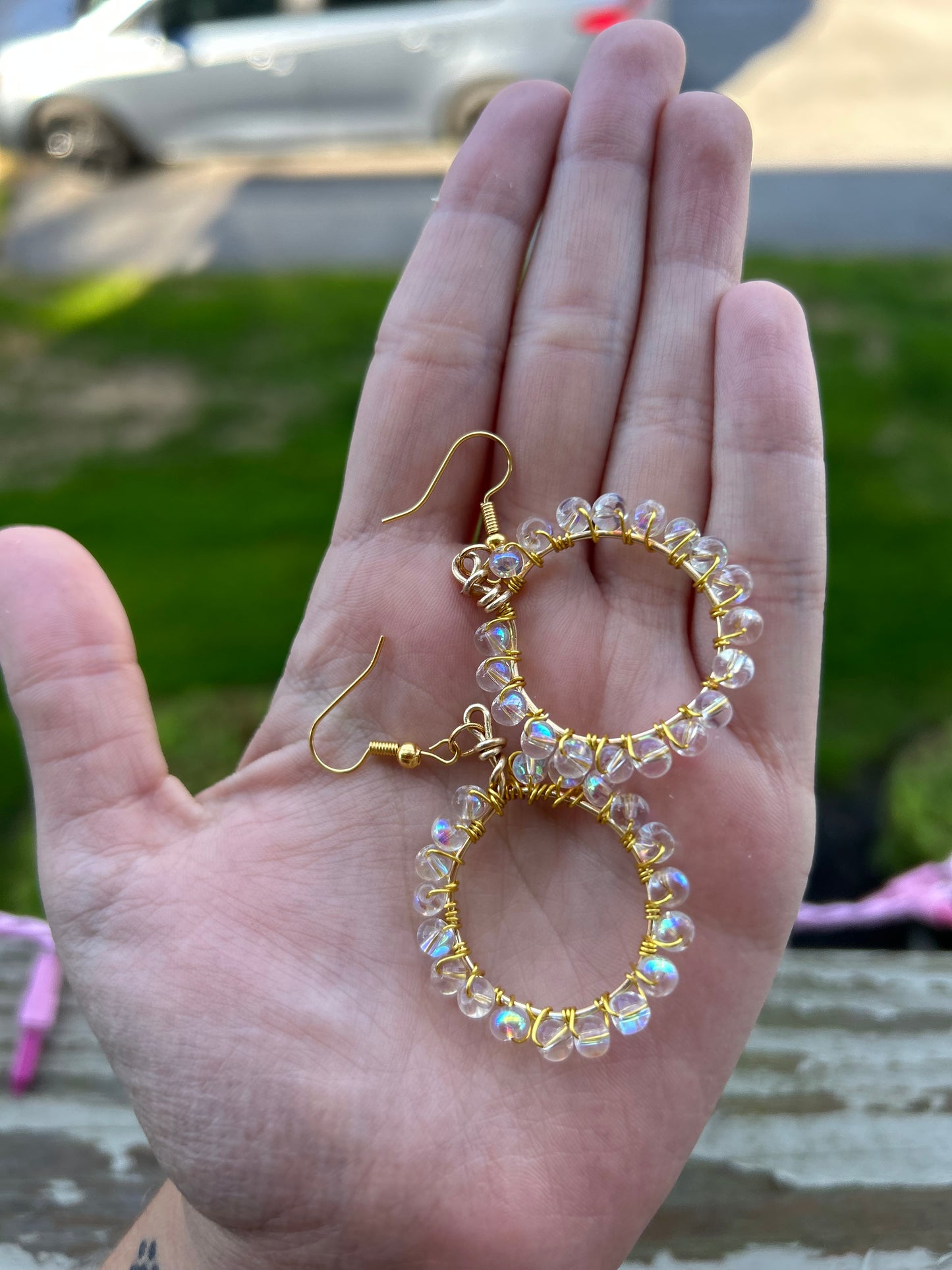 Gold Wire Wrapped Rainbow Iridescent Hoop Earrings