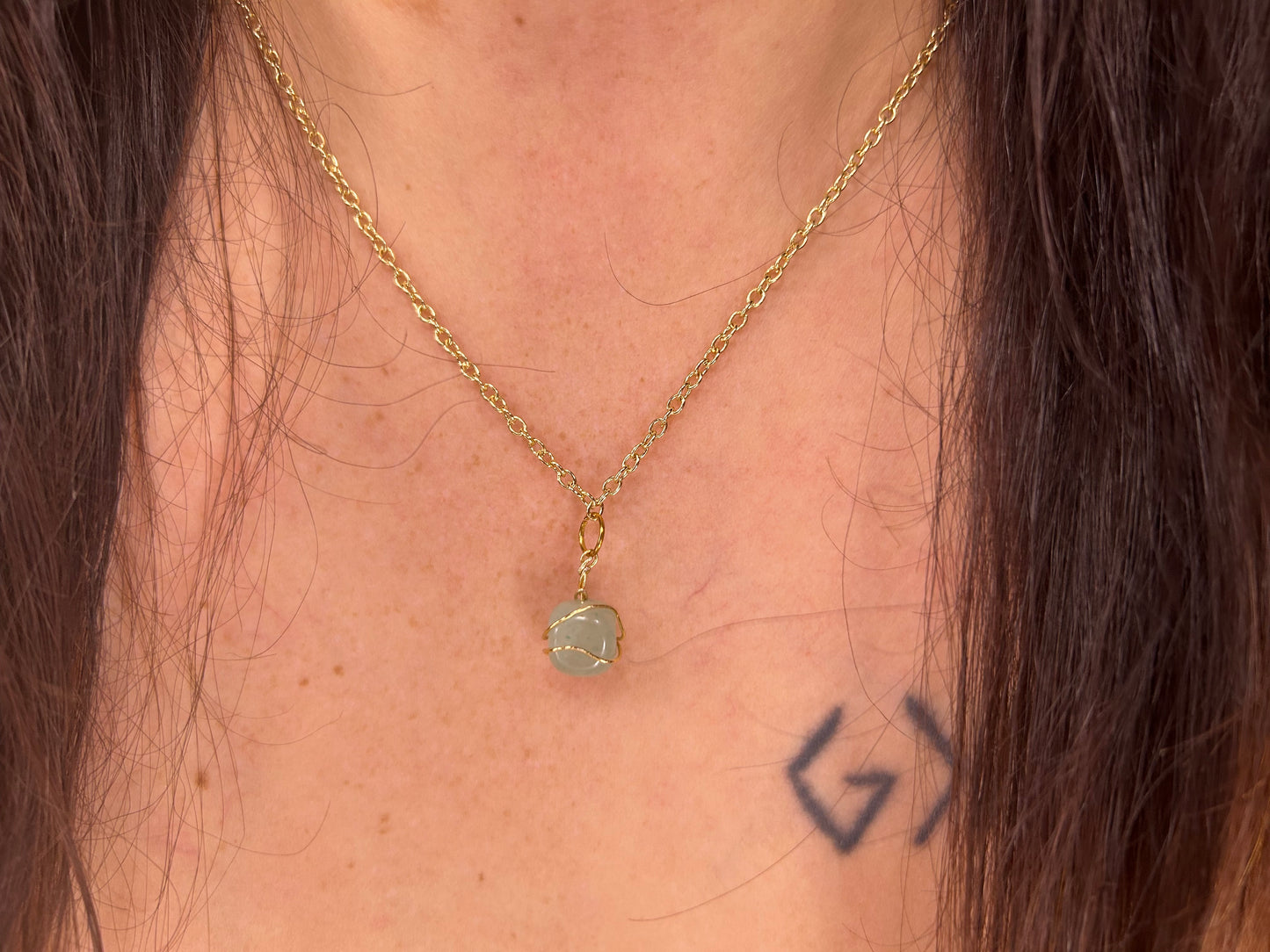 Green Aventurine Wire Wrapped 18” Gold Necklace