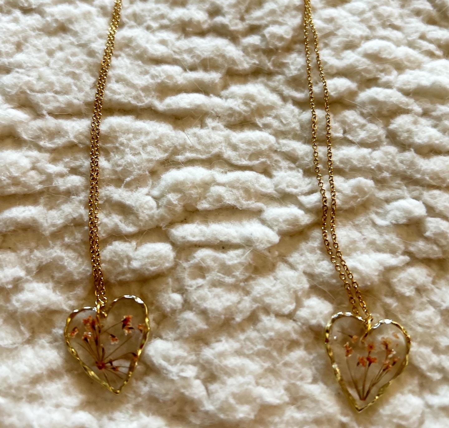 Pressed Flower 18” Gold Necklace - Heart Shaped Orange Flowers