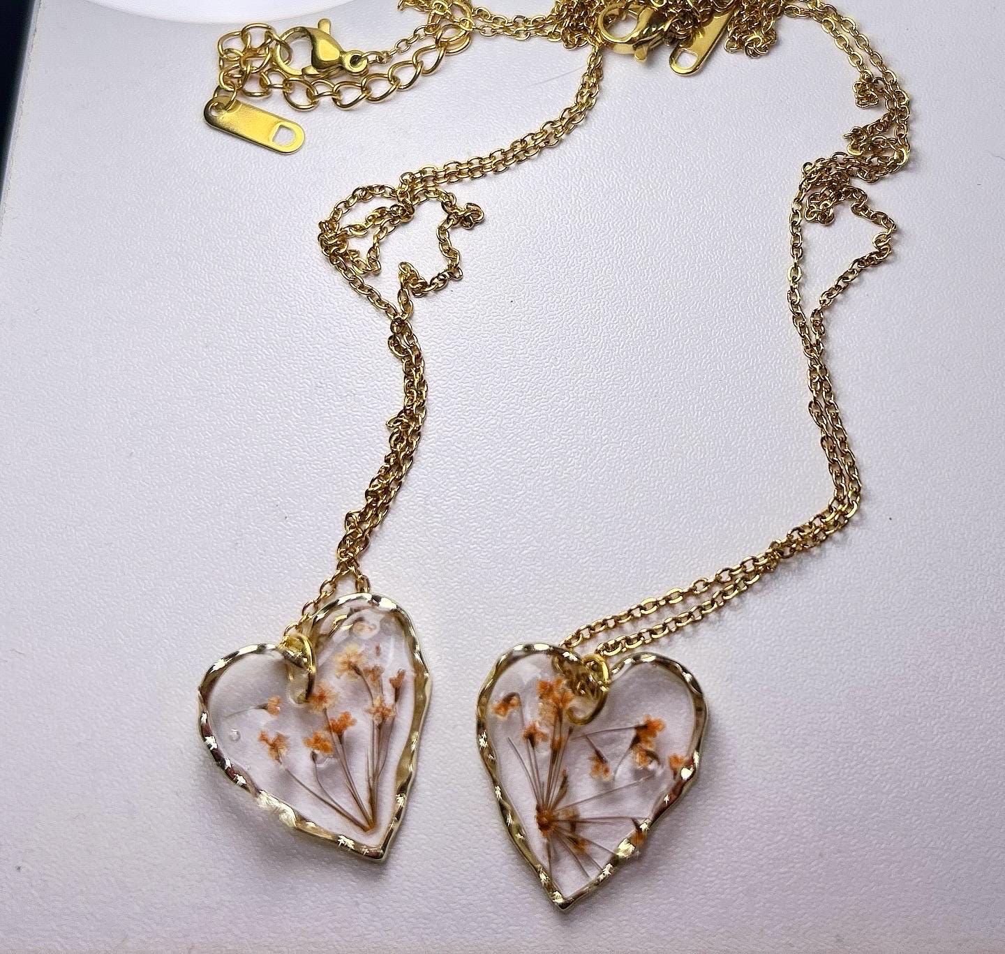 Pressed Flower 18” Gold Necklace - Heart Shaped Orange Flowers