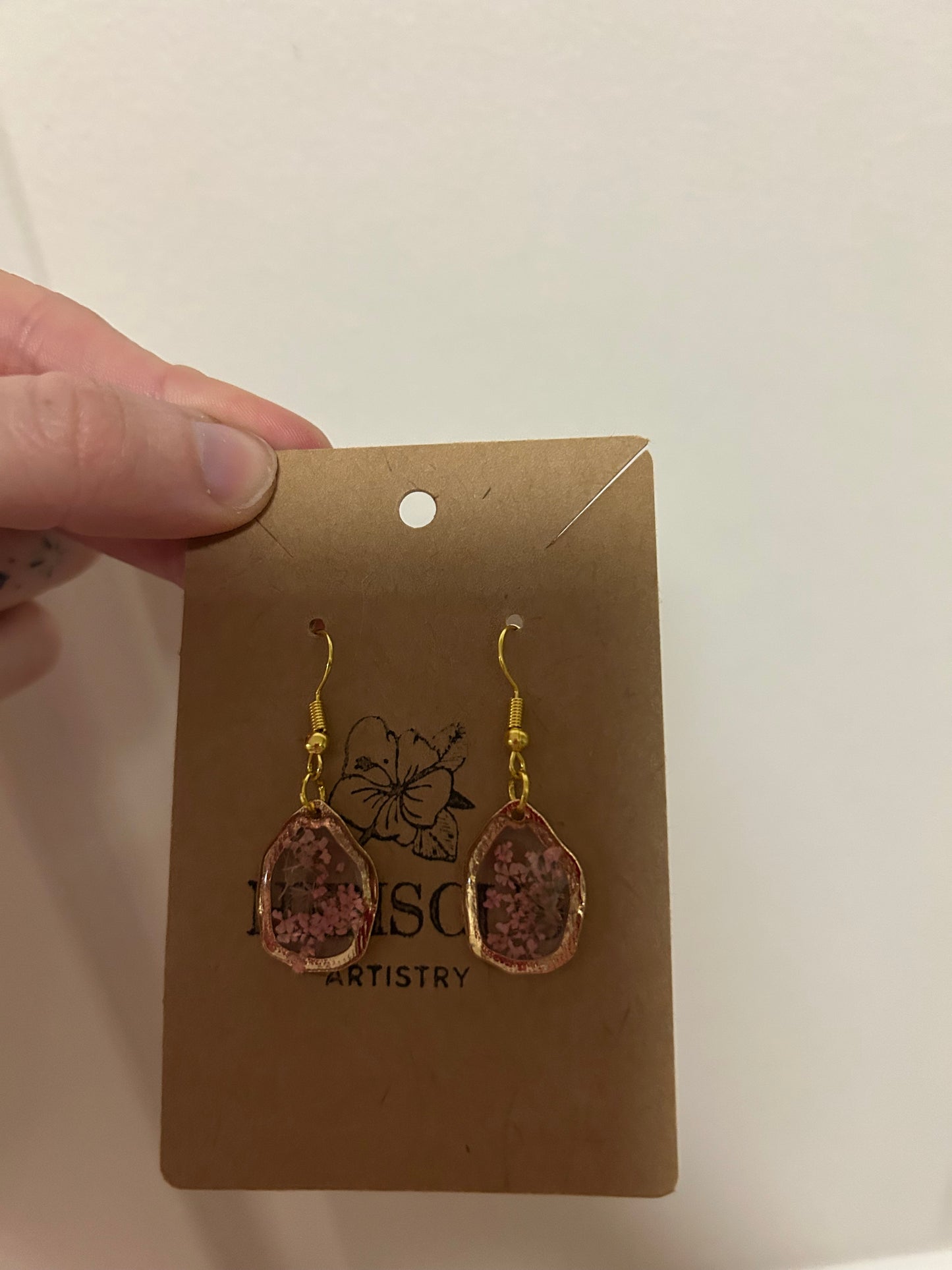 Small Gold Drop Earrings - Pink Floral