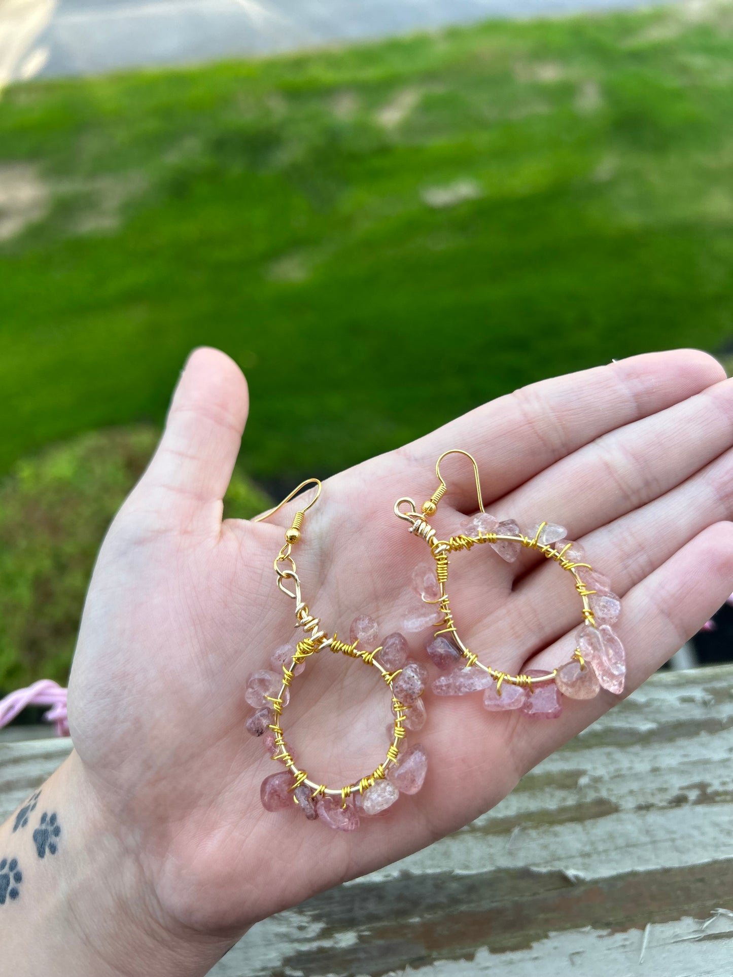 Gold Wire Wrapped Strawberry Quartz Hoop Earrings