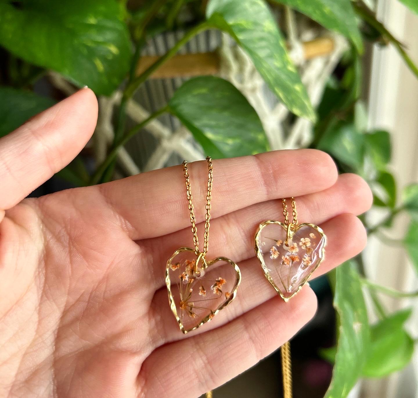 Pressed Flower 18” Gold Necklace - Heart Shaped Orange Flowers