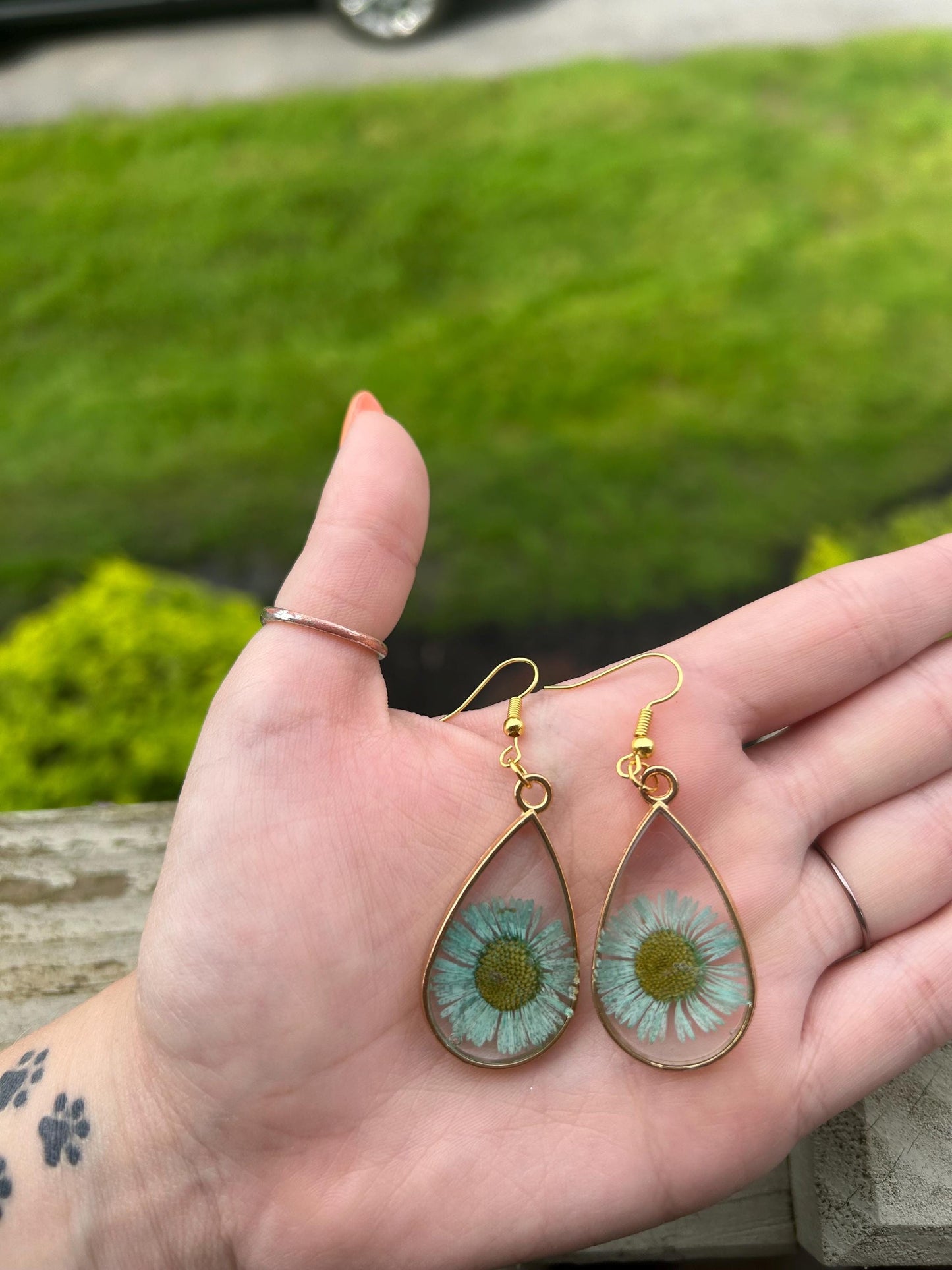 Pressed Flower Gold Earrings - Light Blue Flowers