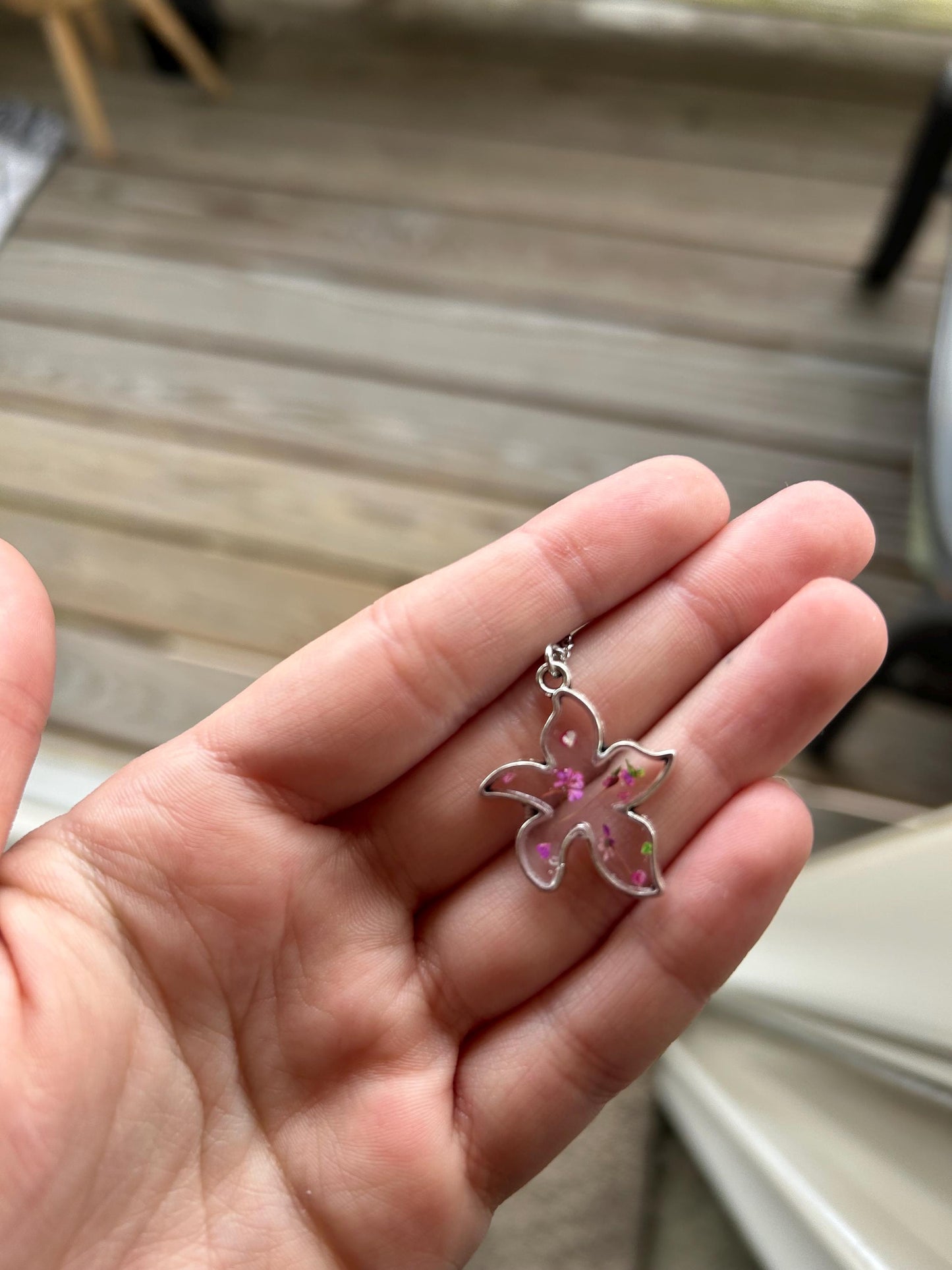 Pressed Flower 18” Silver Necklace - Starfish w/ Multicolor Flowers