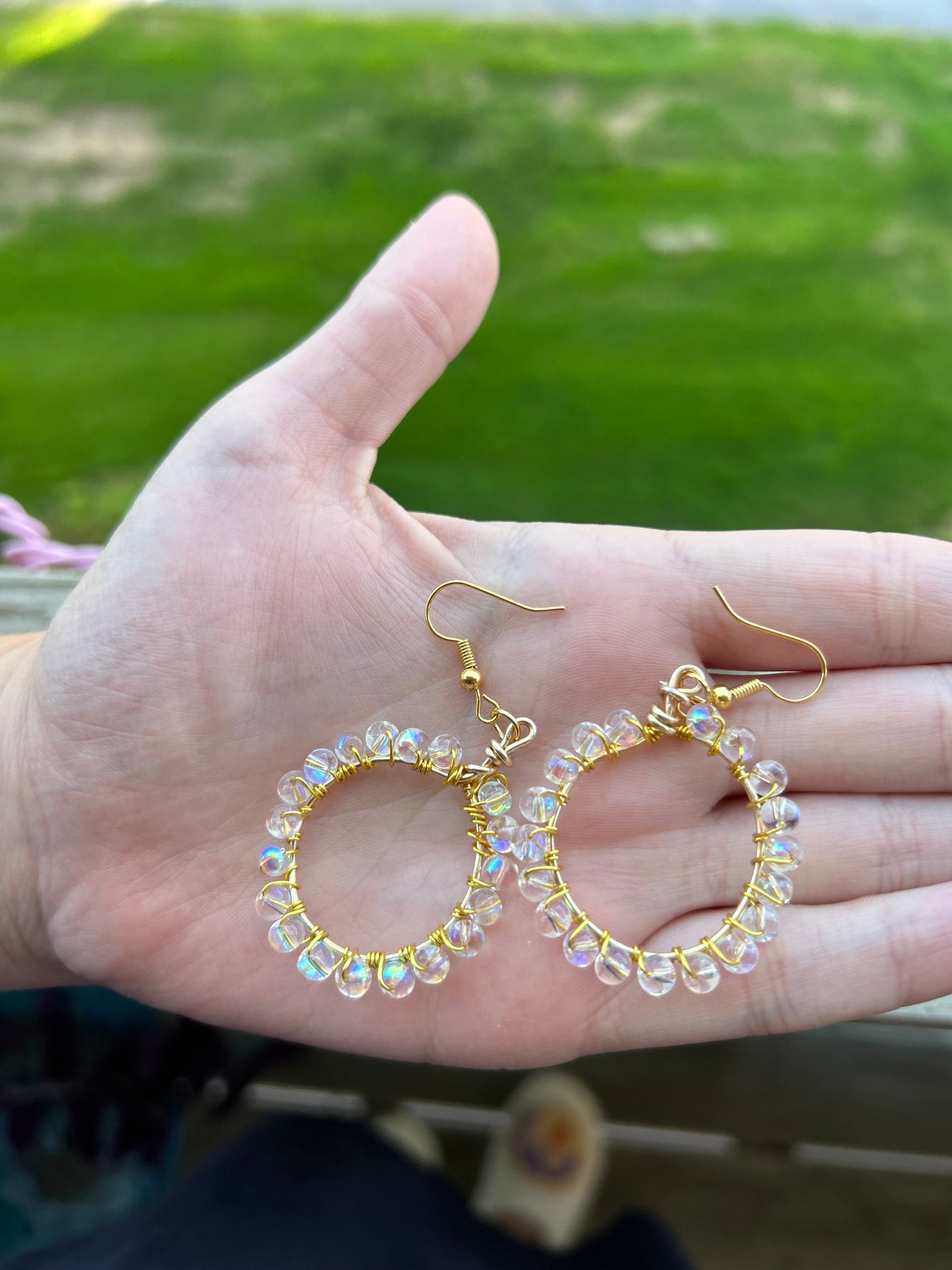 Gold Wire Wrapped Rainbow Iridescent Hoop Earrings