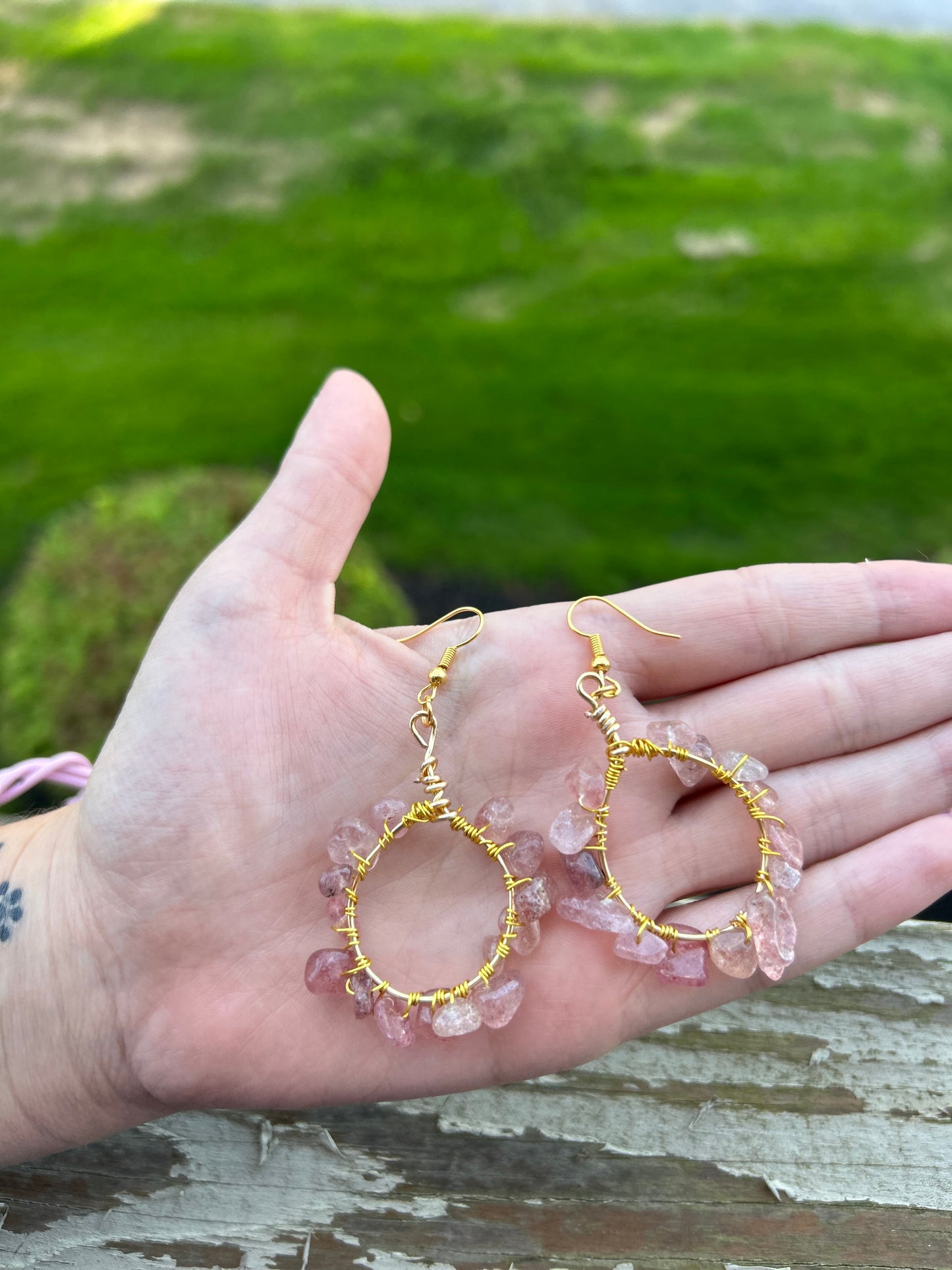 Gold Wire Wrapped Strawberry Quartz Hoop Earrings