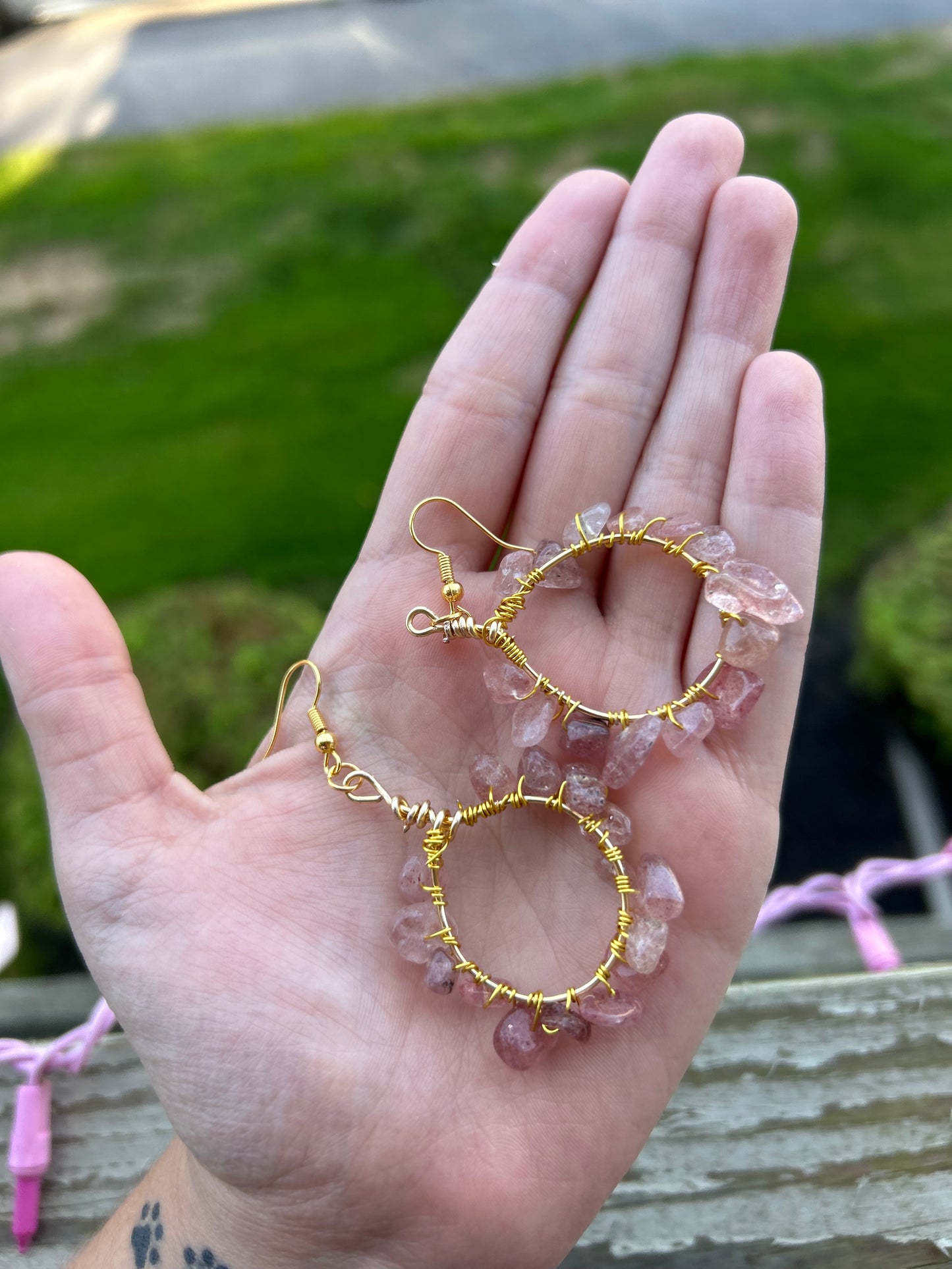 Gold Wire Wrapped Strawberry Quartz Hoop Earrings