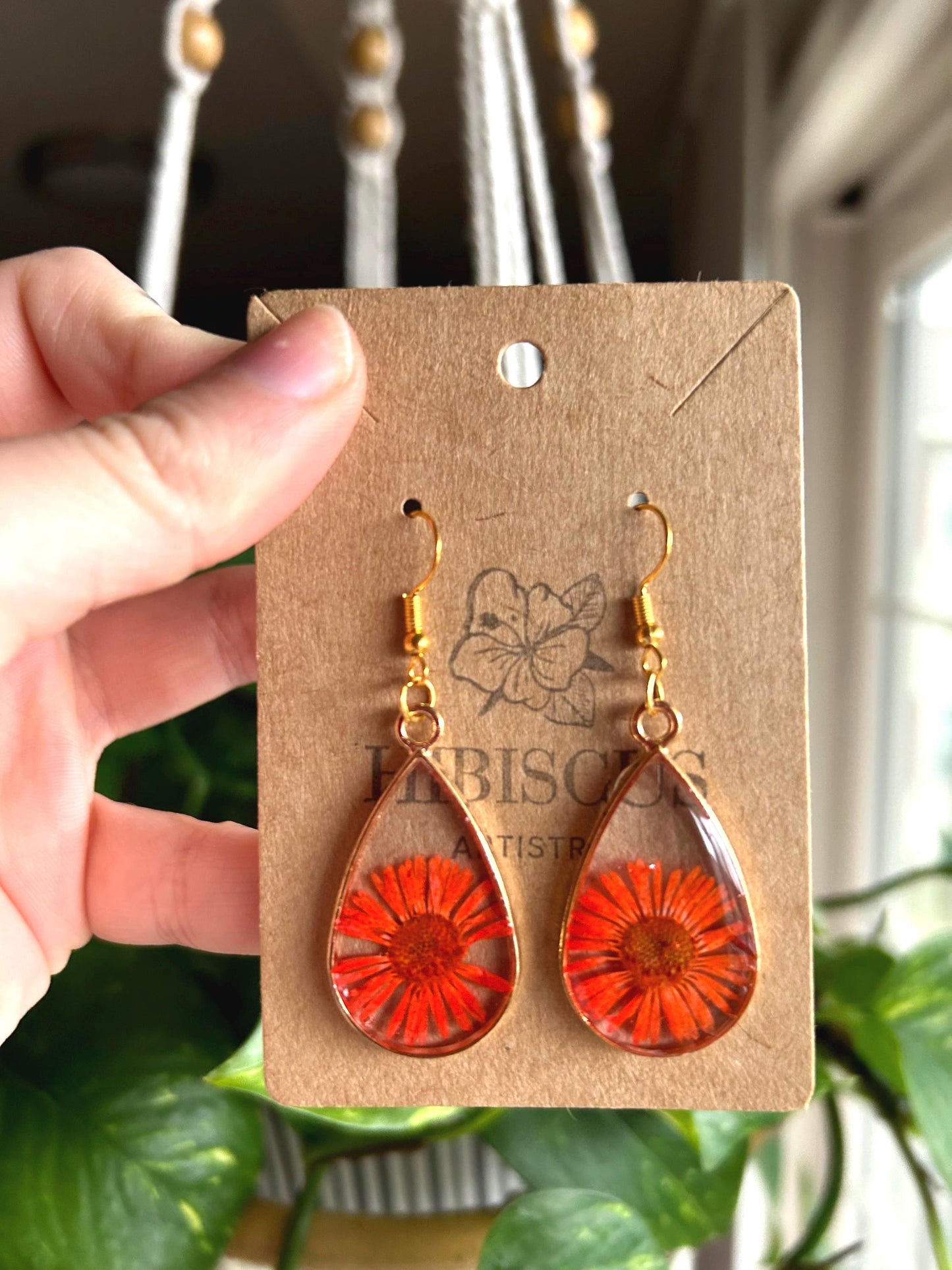 Gold Drop Earrings - Orange Daisies