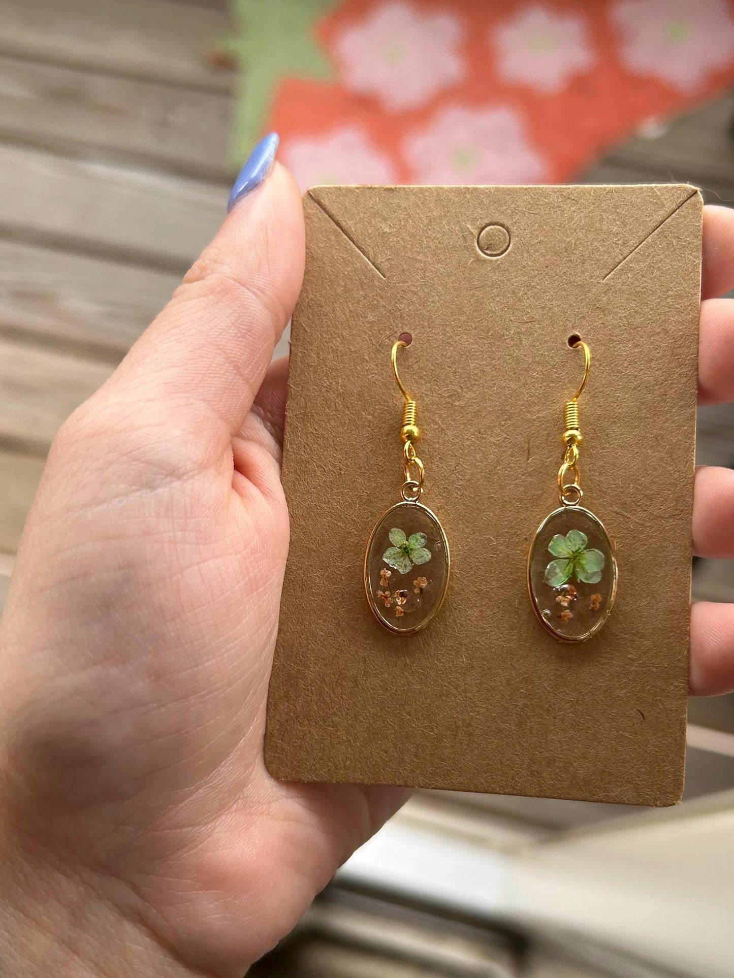 Pressed Flower Gold Earrings - Green & Orange Flowers