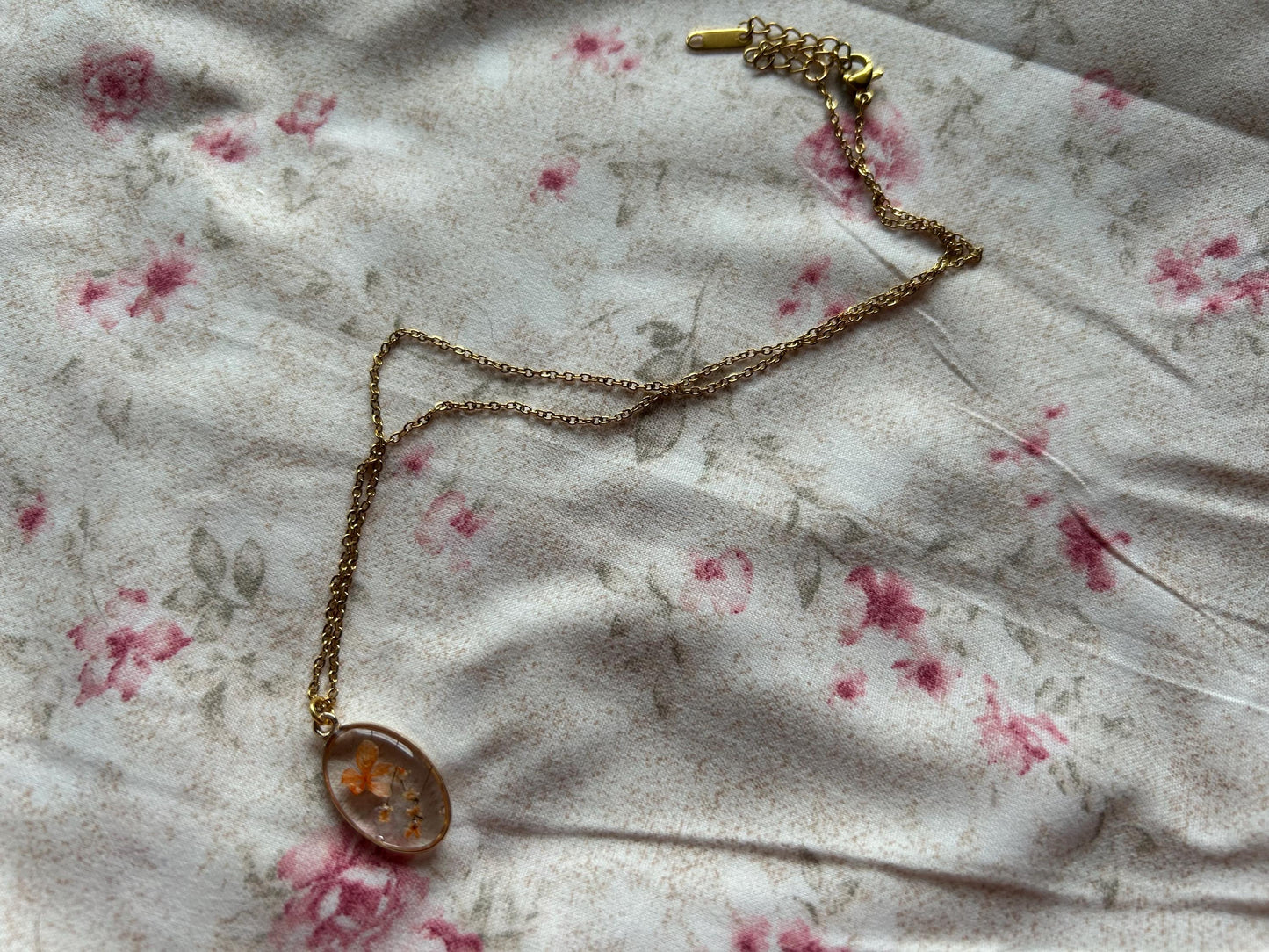 Pressed Flower 18” Gold Necklace - Orange Flowers