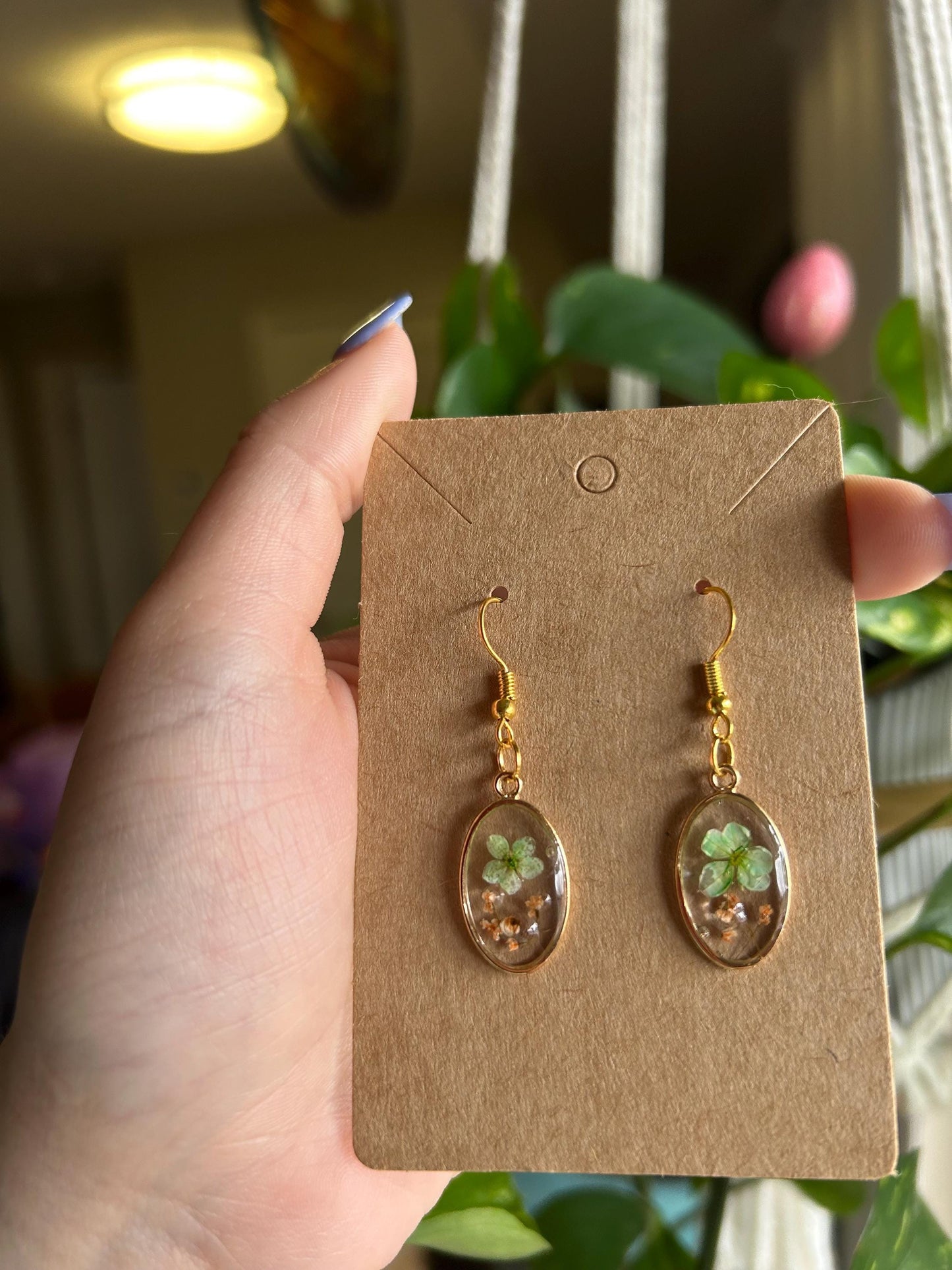 Pressed Flower Gold Earrings - Green & Orange Flowers