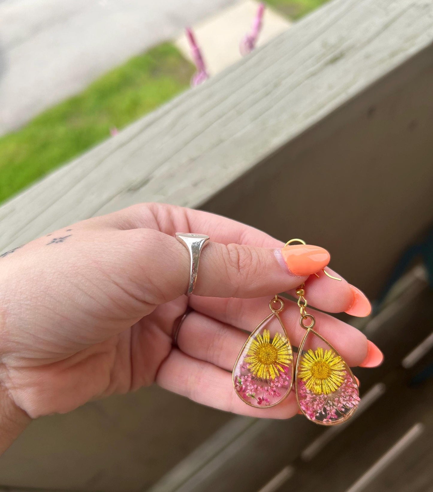 Pressed Flower Gold Earrings - Yellow/Pink Flowers