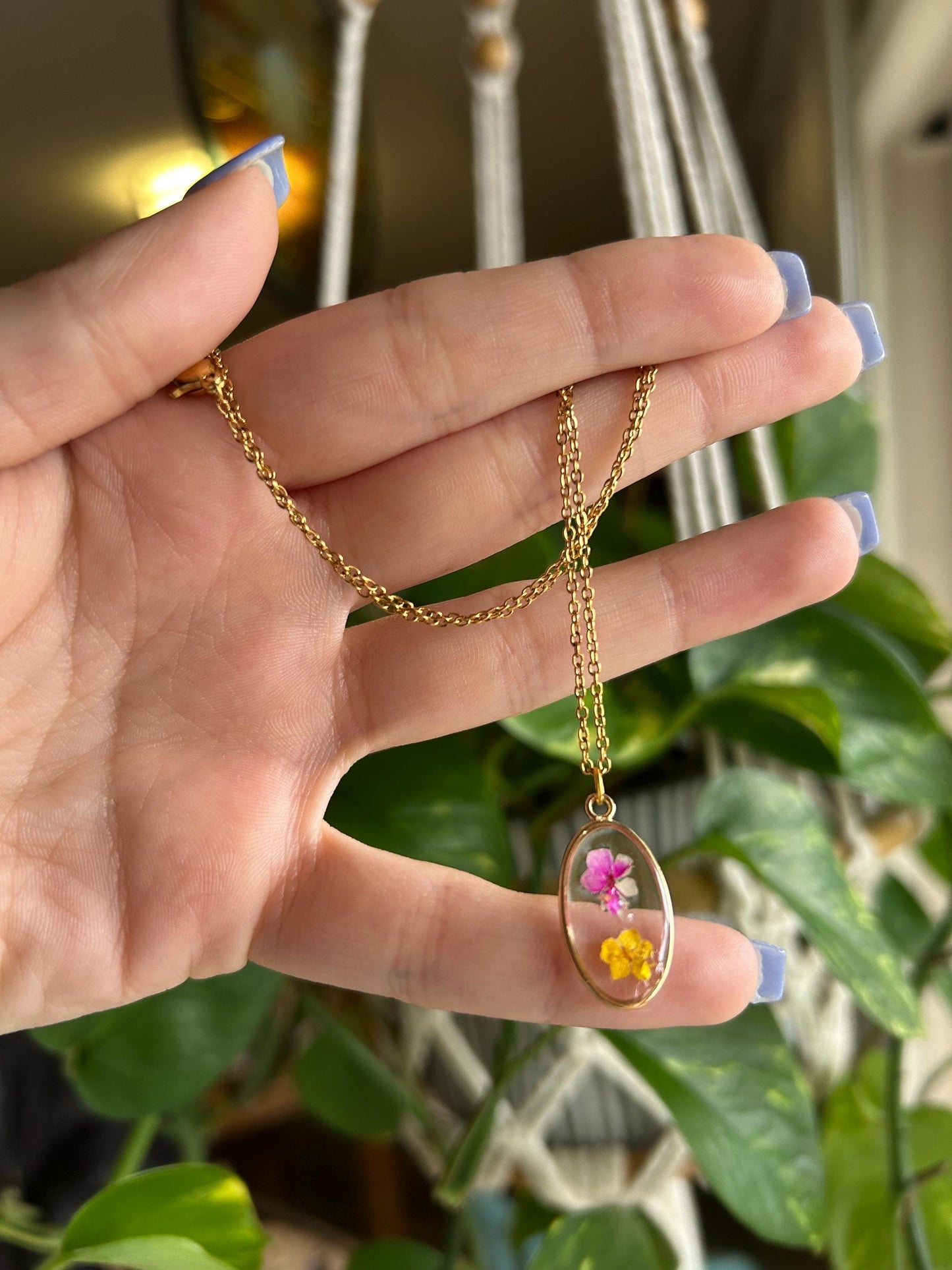 Pressed Flower 18” Gold Necklace - Purple & Yellow Flowers