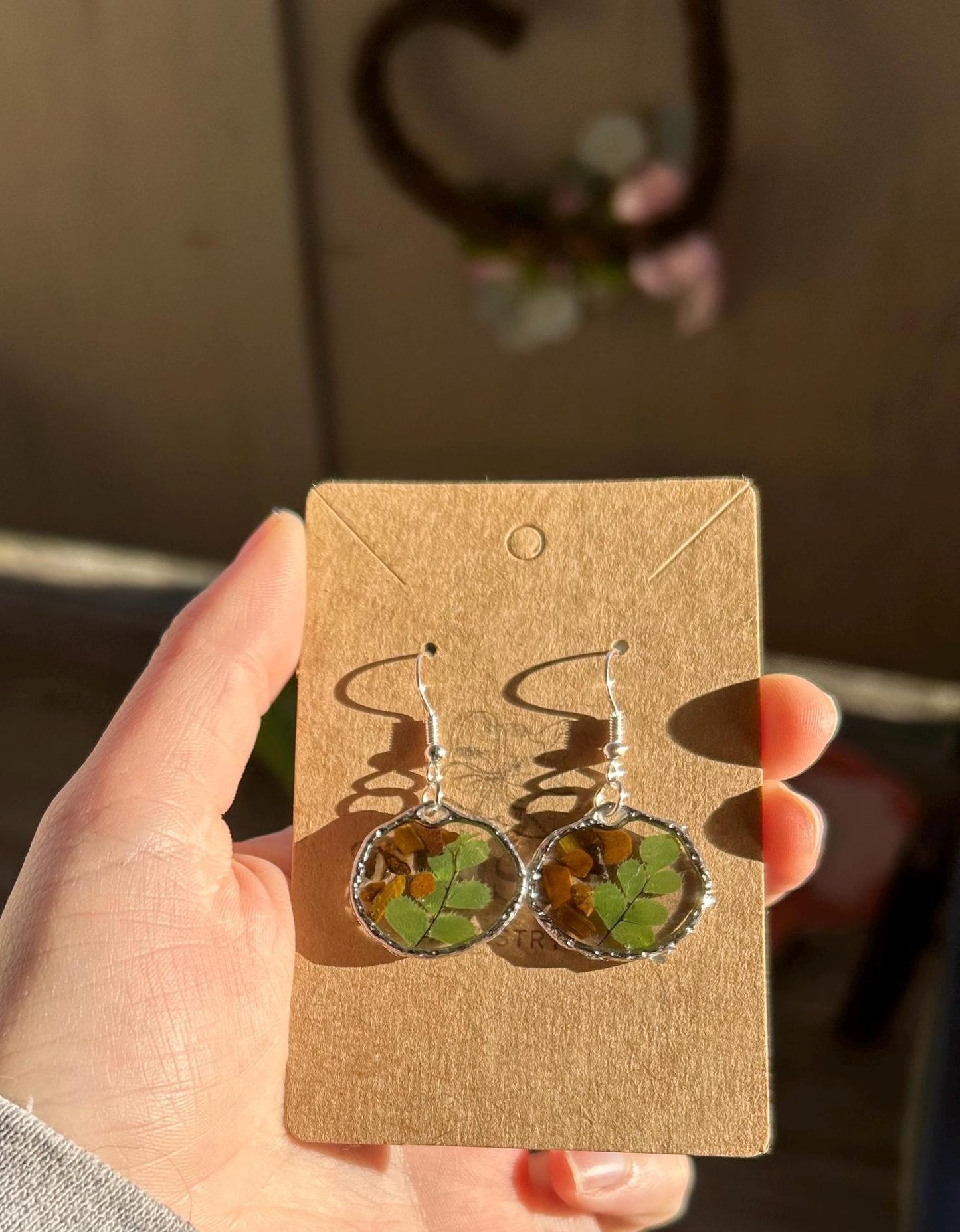 Pressed Flower Resin Earrings - Tigers Eye / Pressed Green Leaves