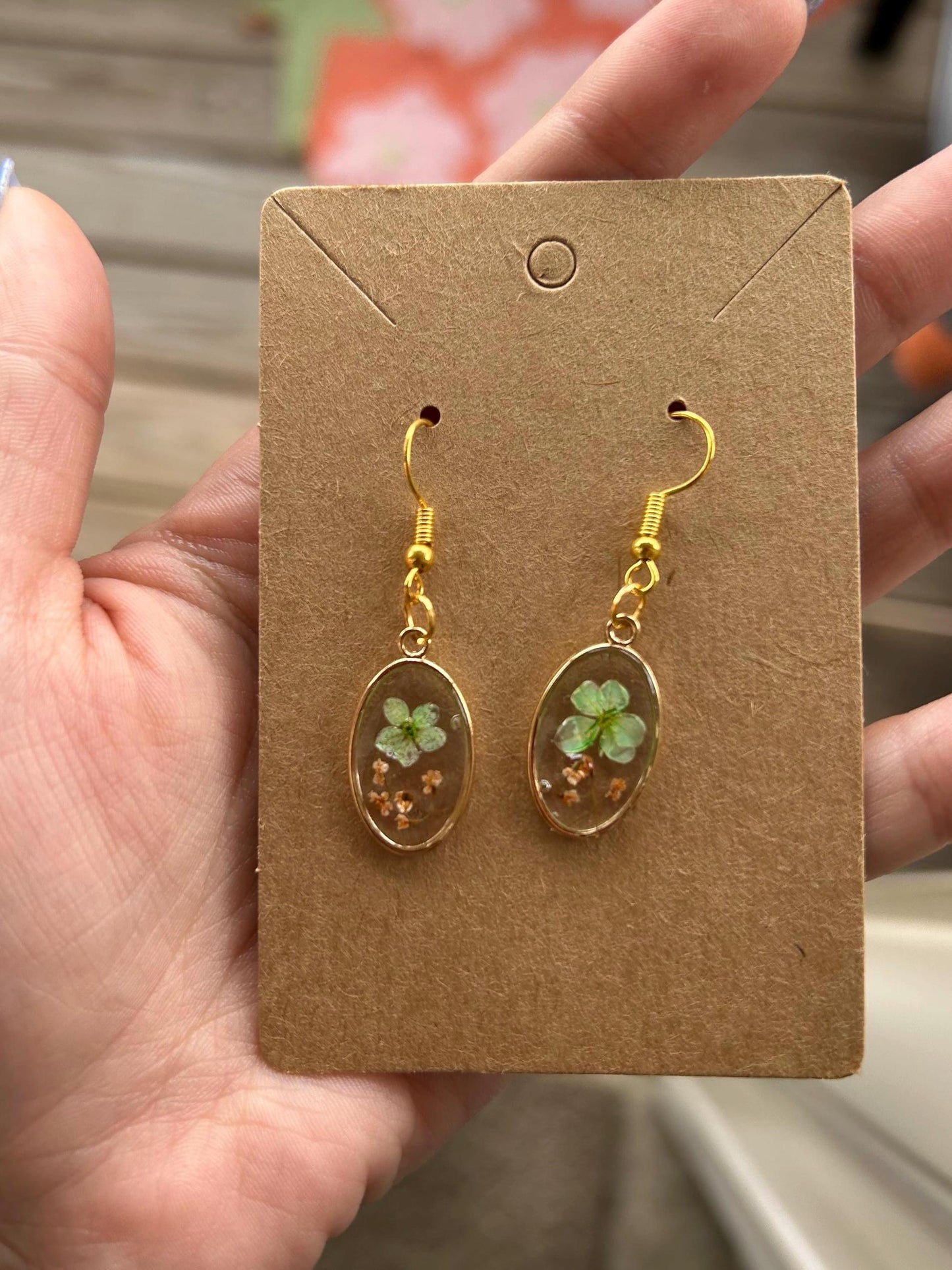 Pressed Flower Gold Earrings - Green & Orange Flowers