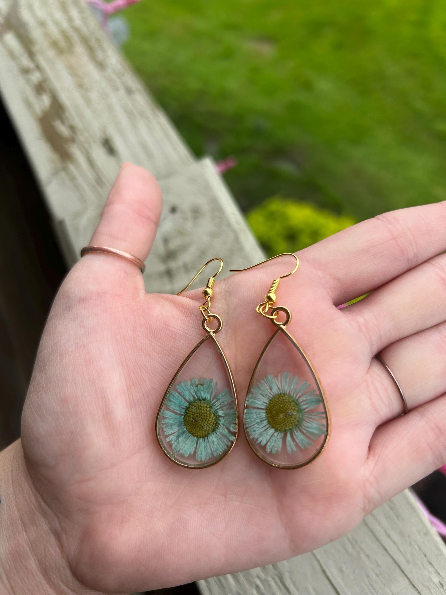 Pressed Flower Gold Earrings - Light Blue Flowers