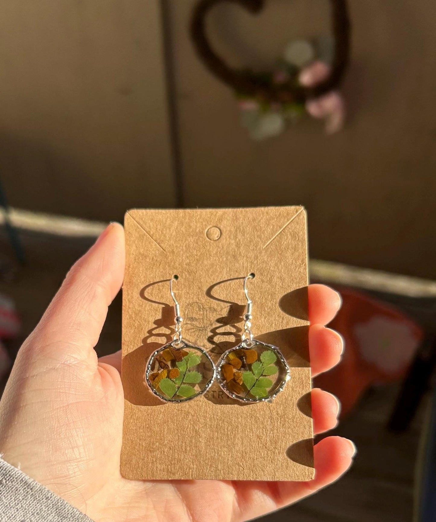 Pressed Flower Resin Earrings - Tigers Eye / Pressed Green Leaves