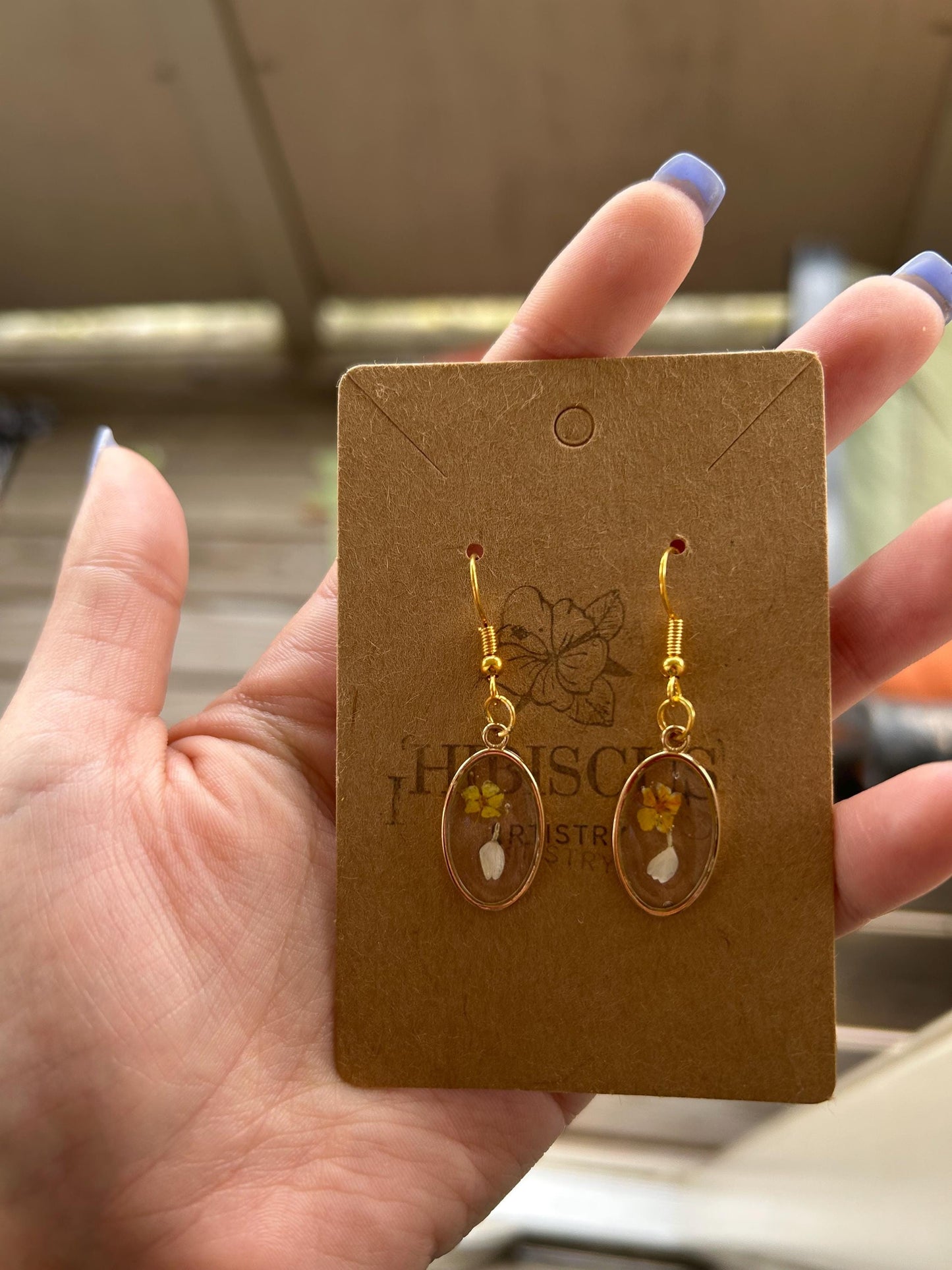 Pressed Flower Gold Earrings - Yellow & White Flowers