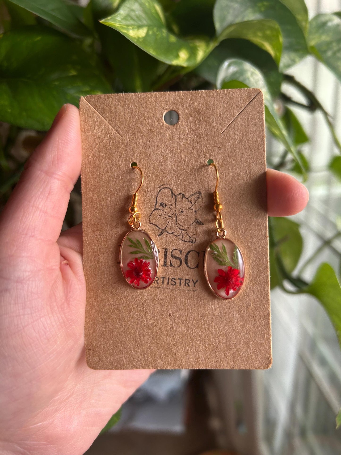 Pressed Red Daisy, Fern Earrings