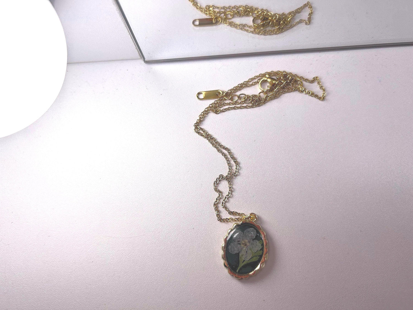 Resin Flower Necklace 18” Gold - Emerald Green Forget Me Not Necklace