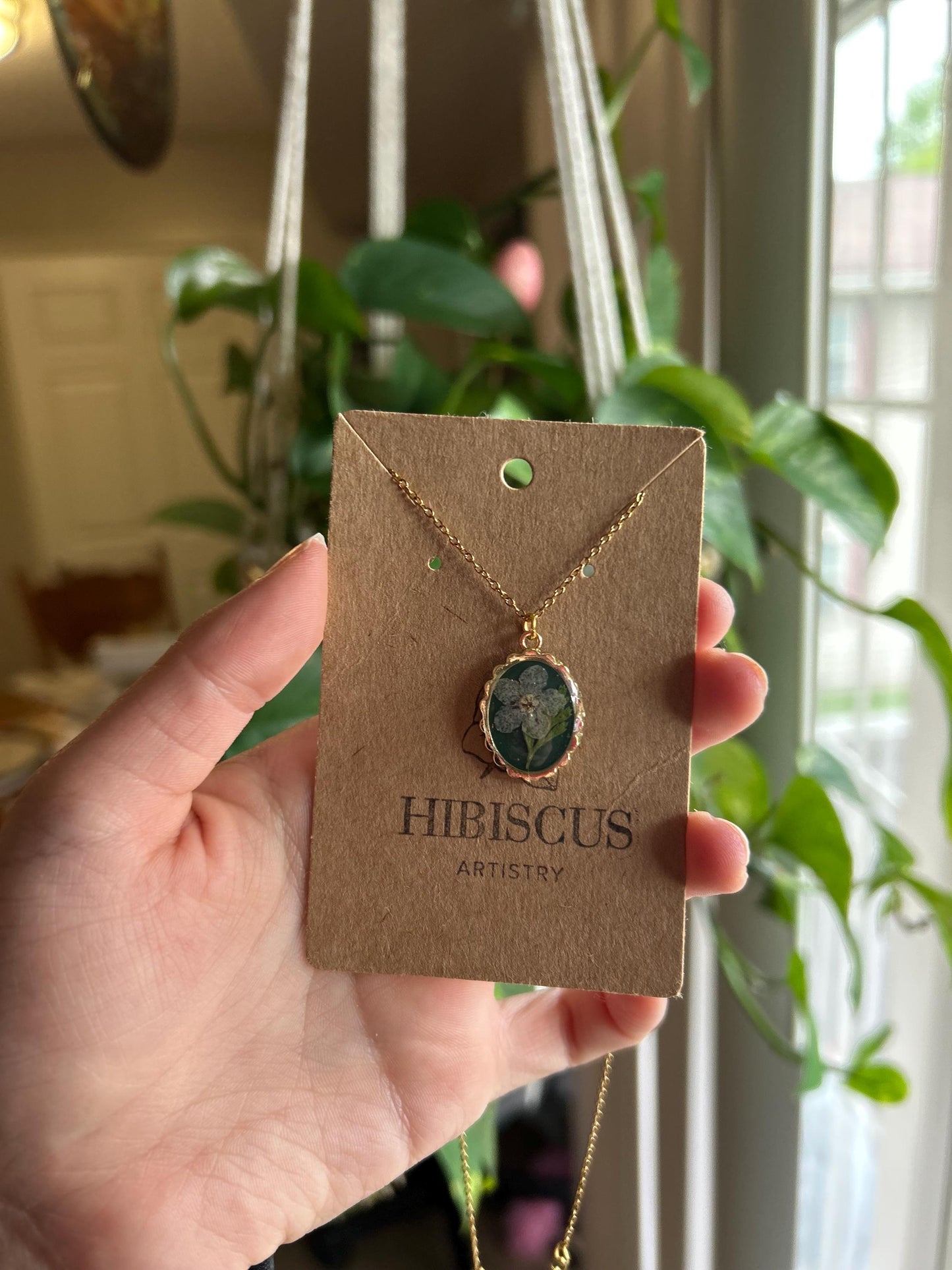 Resin Flower Necklace 18” Gold - Emerald Green Forget Me Not Necklace