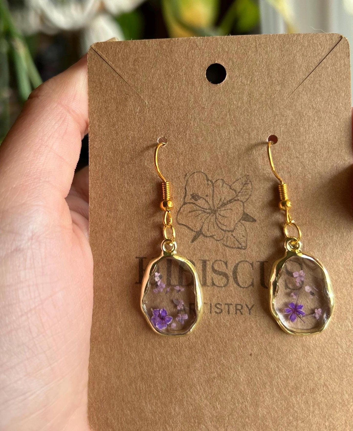 Pressed Flower Gold Earrings - Small Purple Flowers