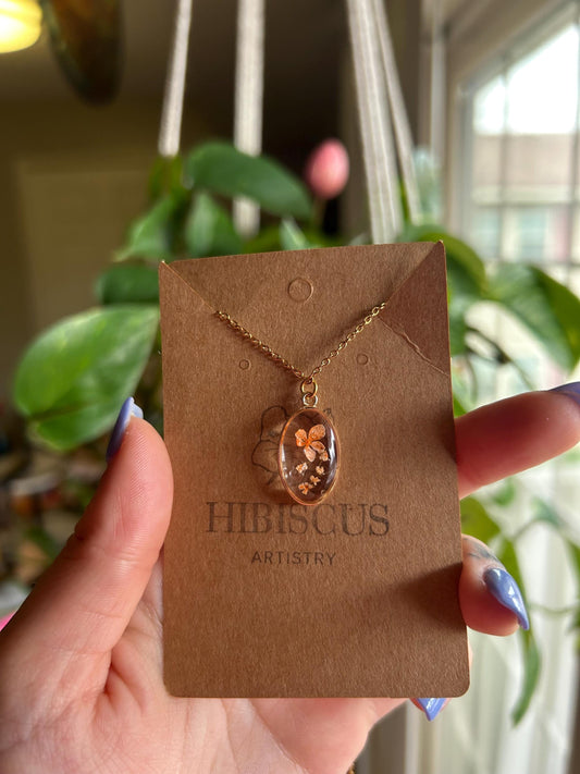 Pressed Flower 18” Gold Necklace - Orange Flowers
