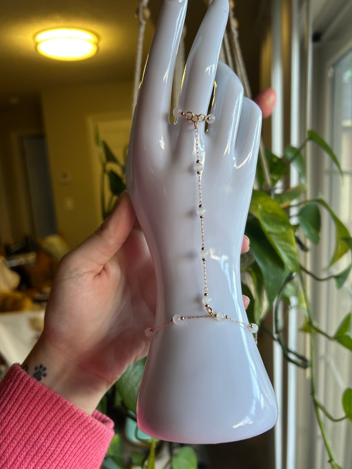 White Beaded Hand Chain (Gold)