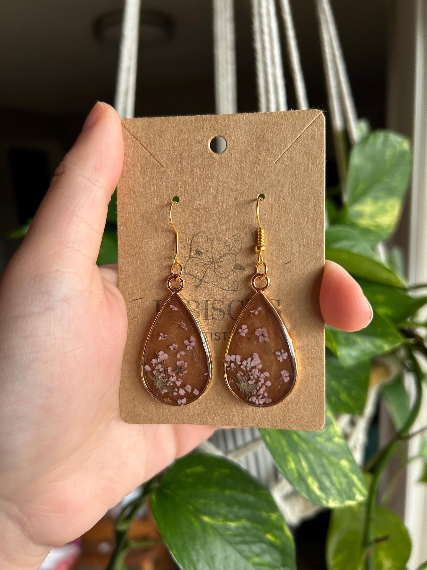 Resin Gold / Brown Earrings - Pink Lace Flowers