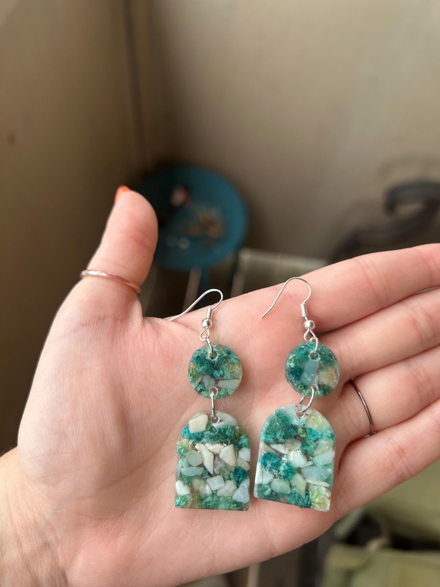 Drop Earrings - Amazonite Chips & Blue Florals