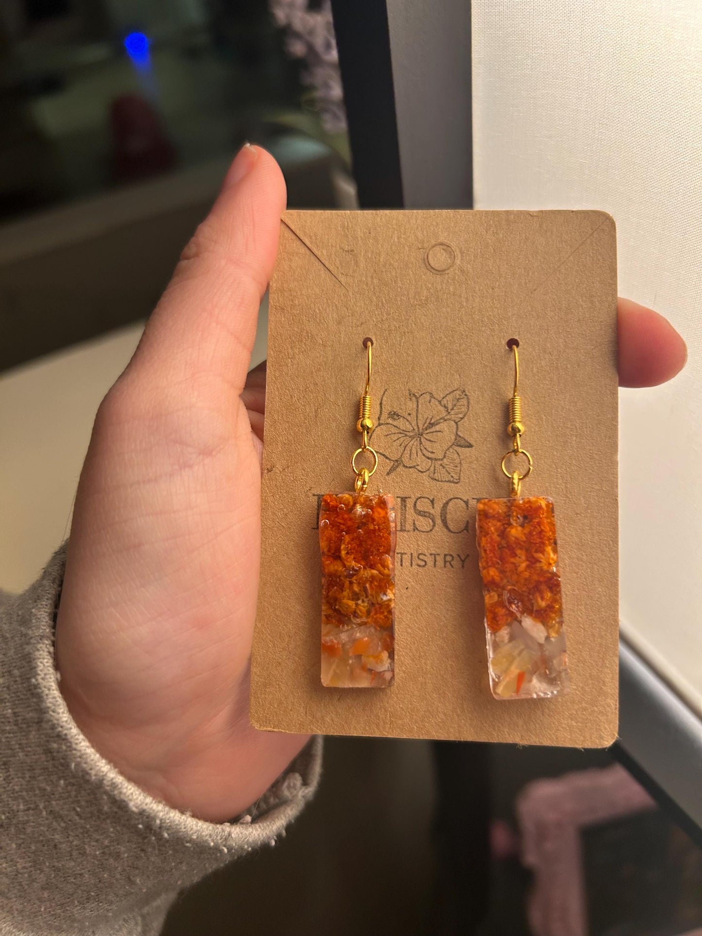 ResinCrystal & Flower Earrings - Red Aventurine, Orange Flowers