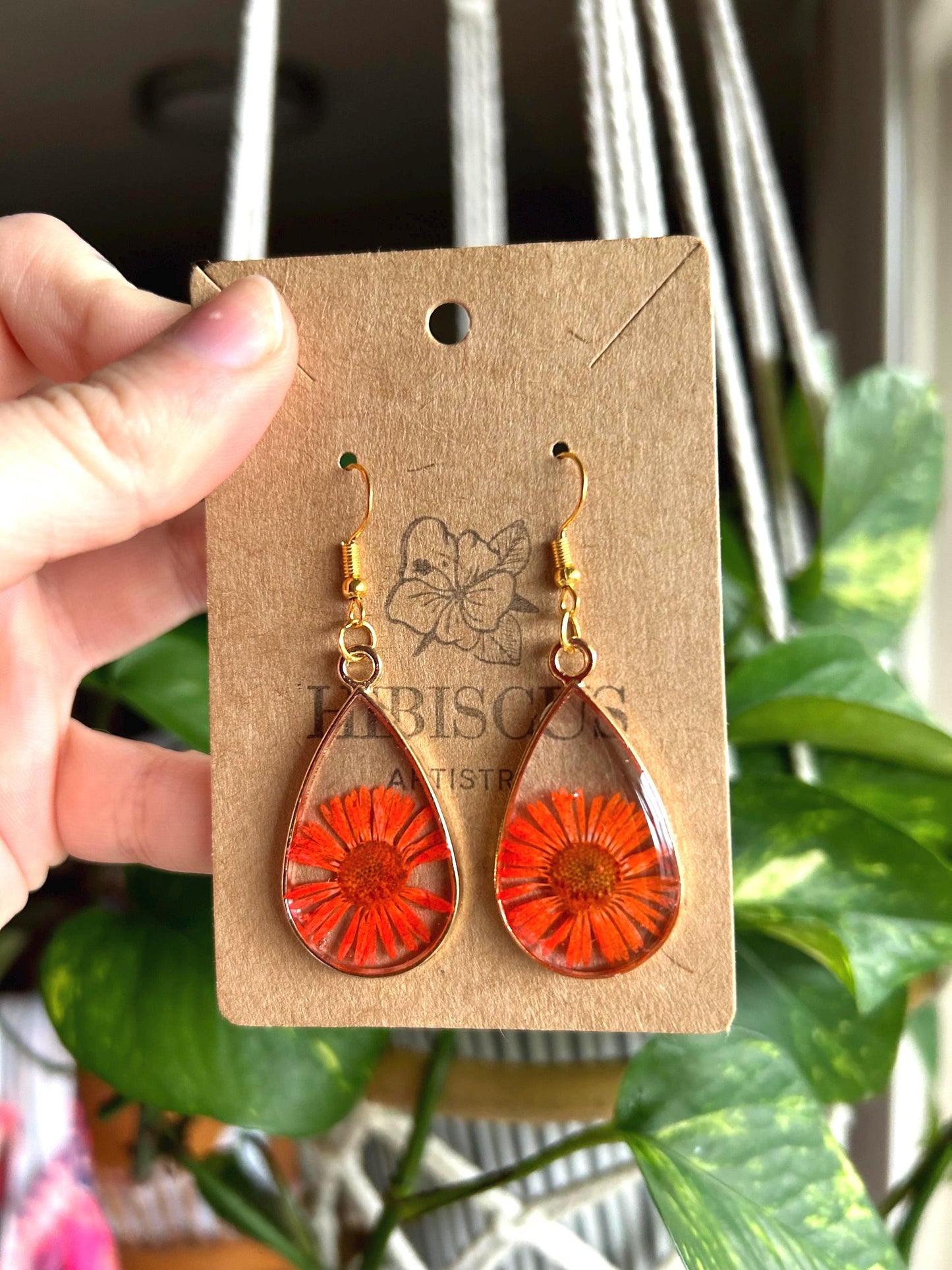 Gold Drop Earrings - Orange Daisies
