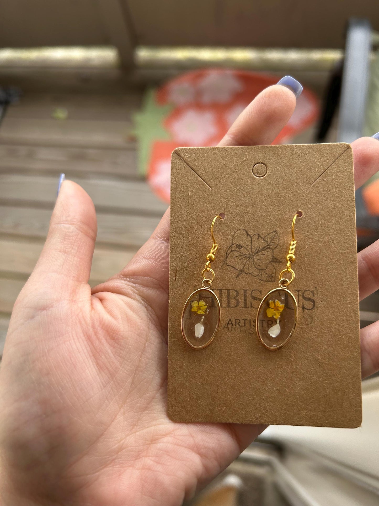 Pressed Flower Gold Earrings - Yellow & White Flowers